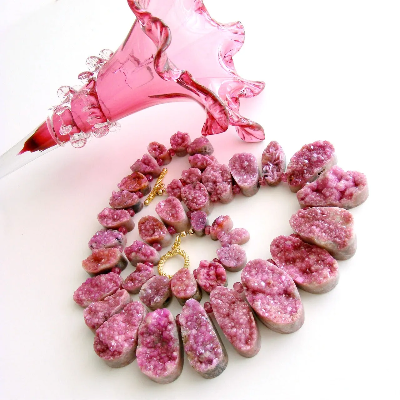 Pink Cobalto Calcite Pink Sapphires Druzy Necklace - Cherie Necklace