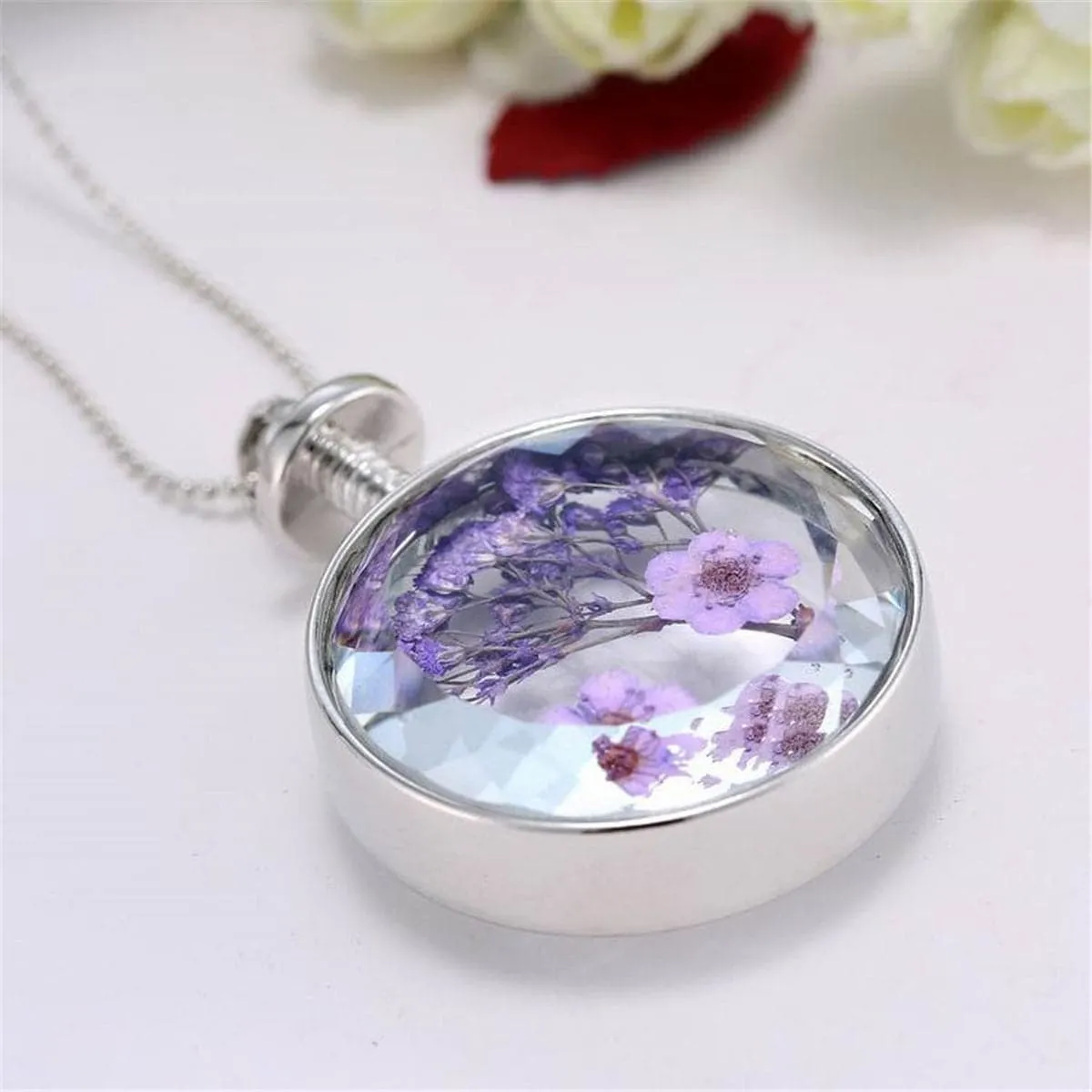 Purple Peach Blossom & Silver-Plated Round Pendant Necklace