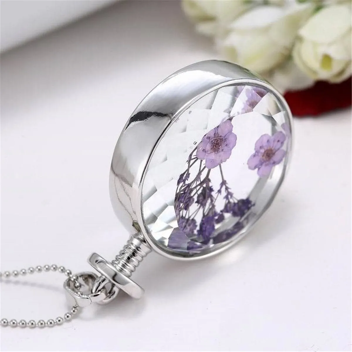 Purple Peach Blossom & Silver-Plated Round Pendant Necklace