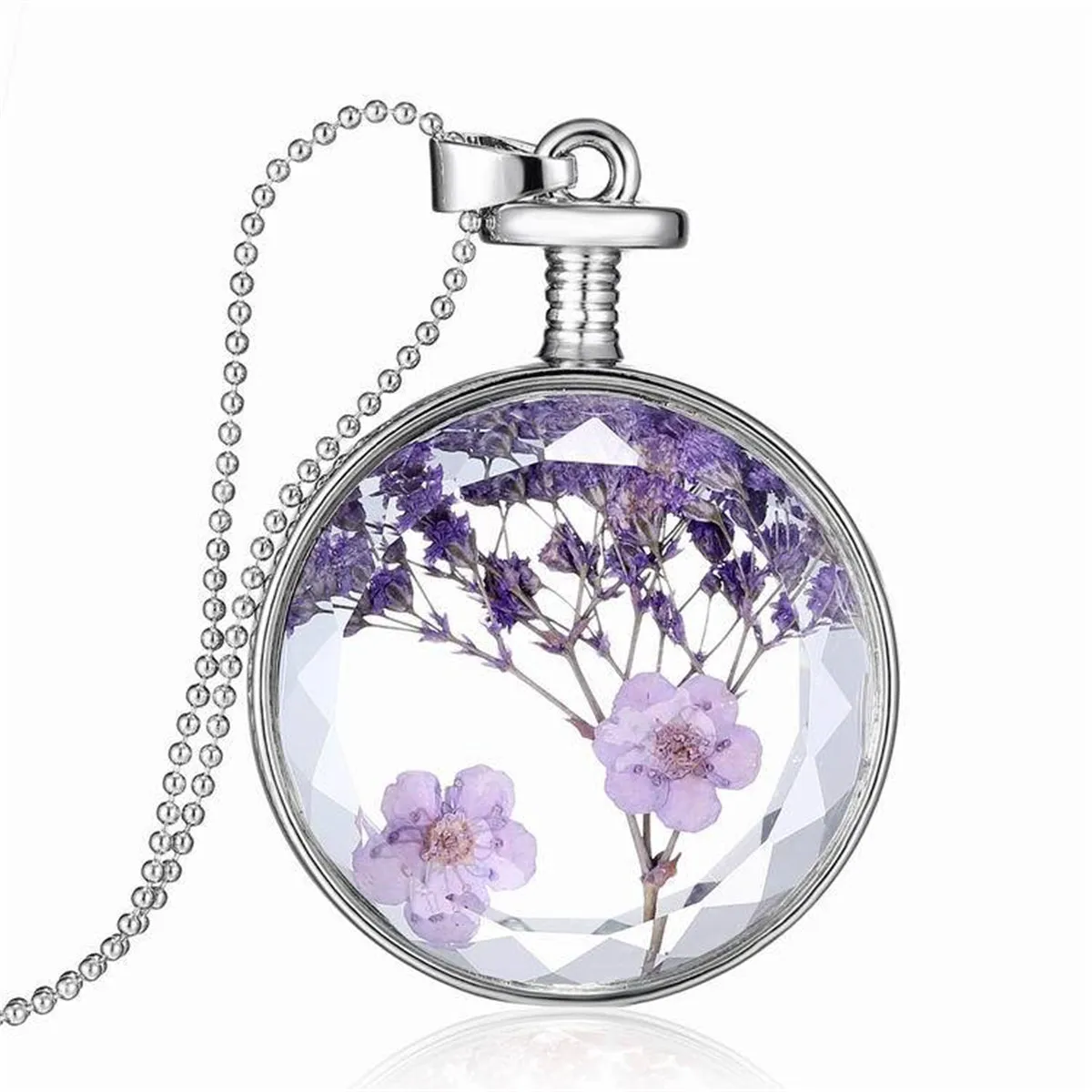 Purple Peach Blossom & Silver-Plated Round Pendant Necklace