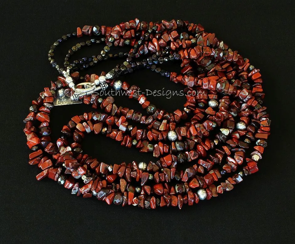 Rainbow Brecciated Jasper Chip 4-Strand Necklace with Vintage Czechoslovakian Nailheads & Luster Glass, Pyrite Rounds, and Sterling Silver Beads and Toggle Clasp