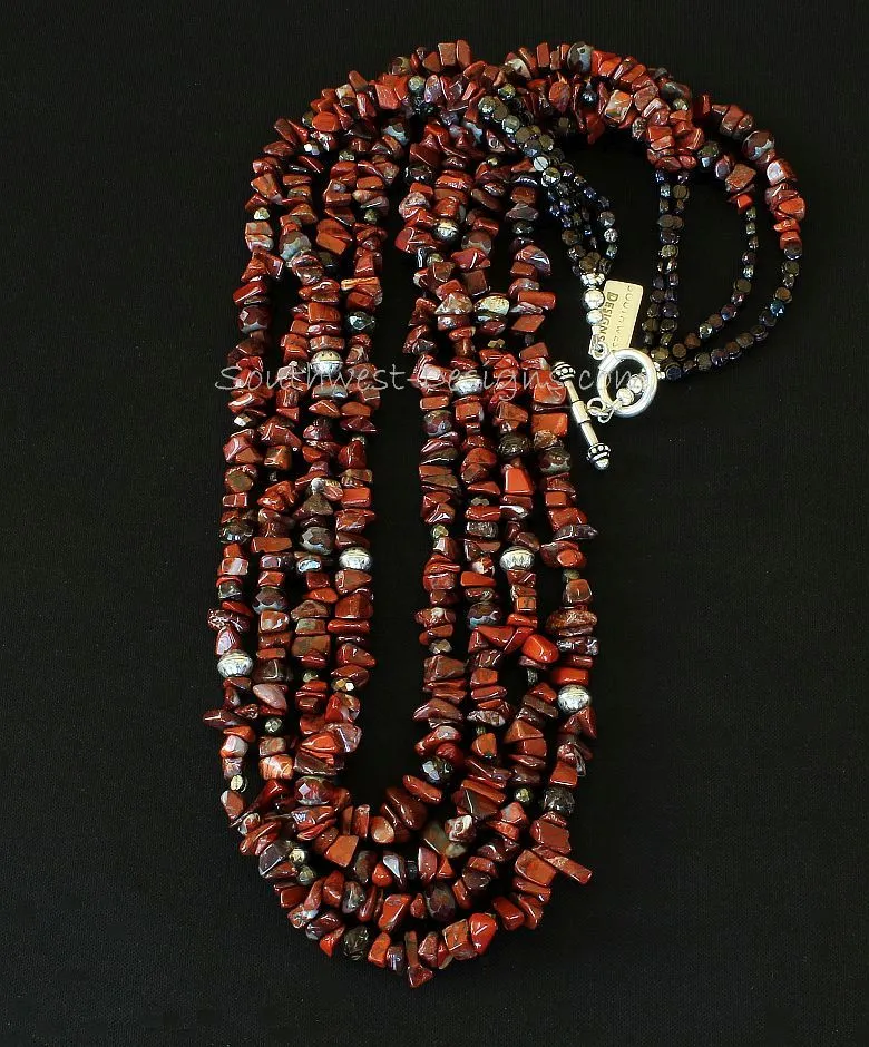 Rainbow Brecciated Jasper Chip 4-Strand Necklace with Vintage Czechoslovakian Nailheads & Luster Glass, Pyrite Rounds, and Sterling Silver Beads and Toggle Clasp