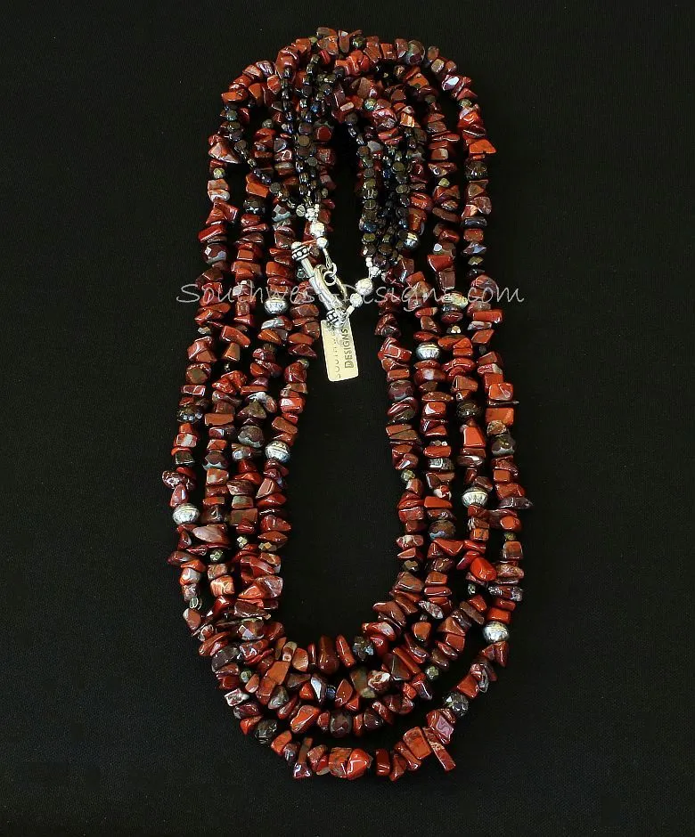 Rainbow Brecciated Jasper Chip 4-Strand Necklace with Vintage Czechoslovakian Nailheads & Luster Glass, Pyrite Rounds, and Sterling Silver Beads and Toggle Clasp