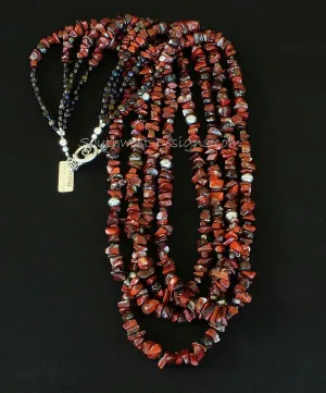 Rainbow Brecciated Jasper Chip 4-Strand Necklace with Vintage Czechoslovakian Nailheads & Luster Glass, Pyrite Rounds, and Sterling Silver Beads and Toggle Clasp