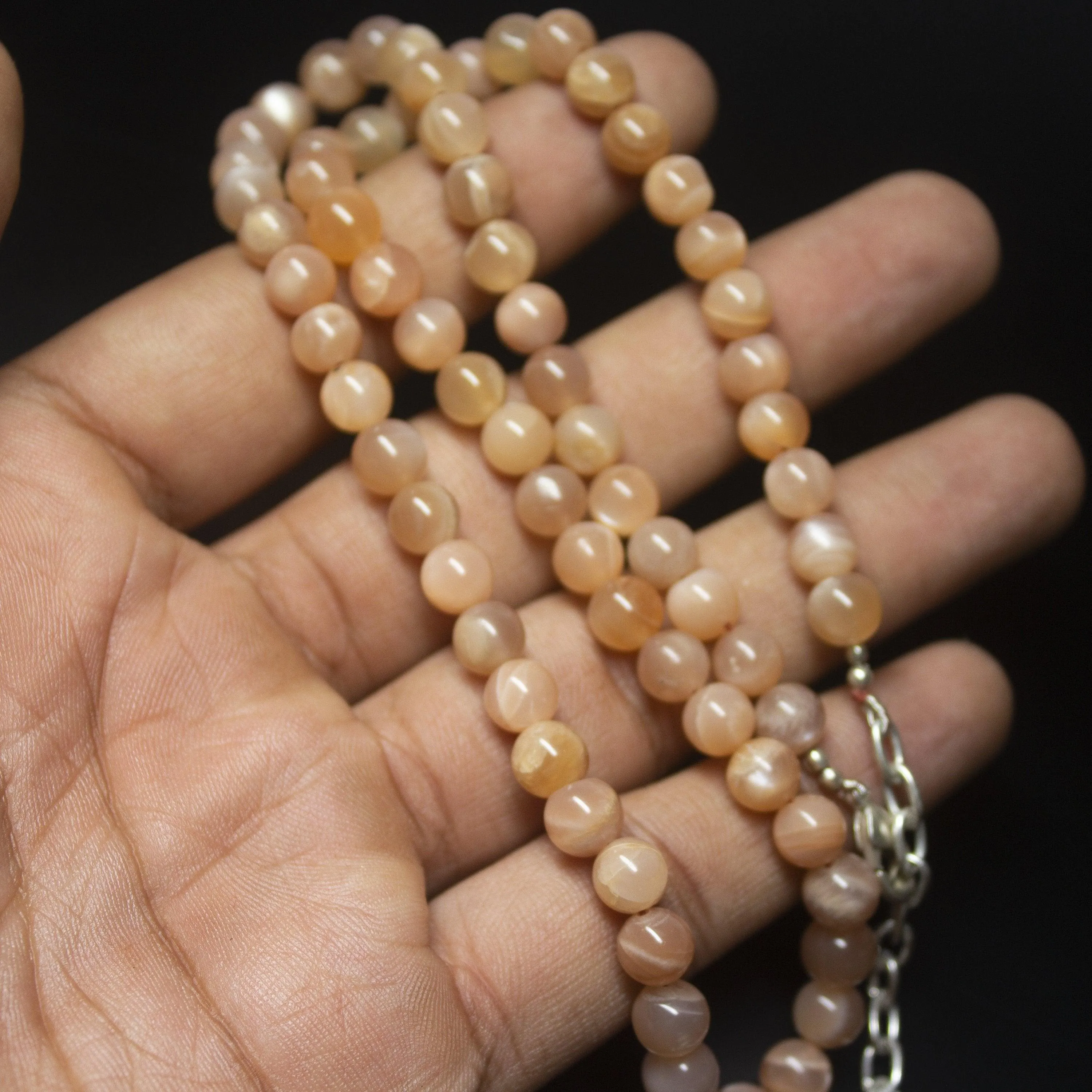 Ready to wear, 18 inch, 7mm, Natural Peach Moonstone Smooth Round Shape Gemstone Beaded Necklace