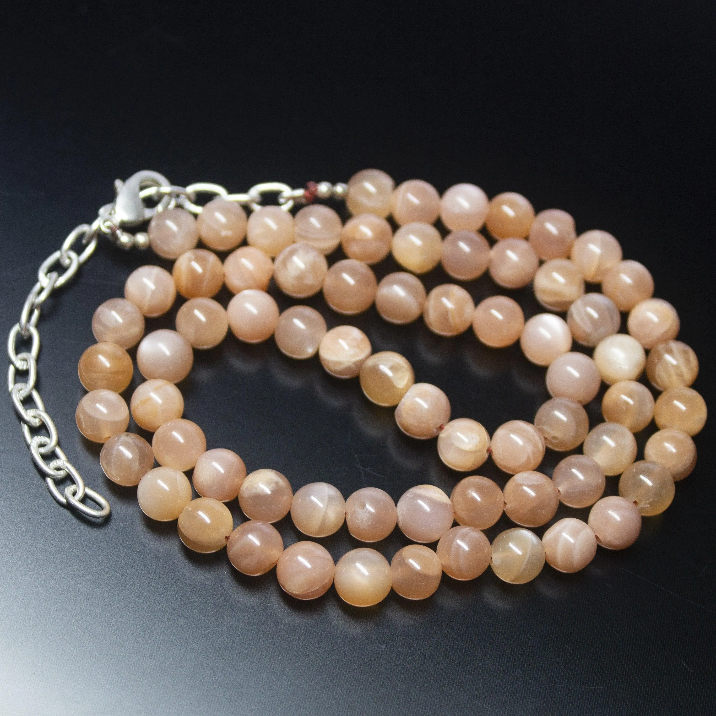 Ready to wear, 18 inch, 7mm, Natural Peach Moonstone Smooth Round Shape Gemstone Beaded Necklace