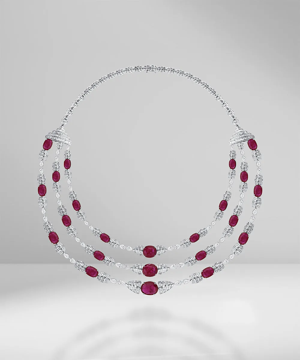 Regal Ruby & Diamond Three Line Necklace