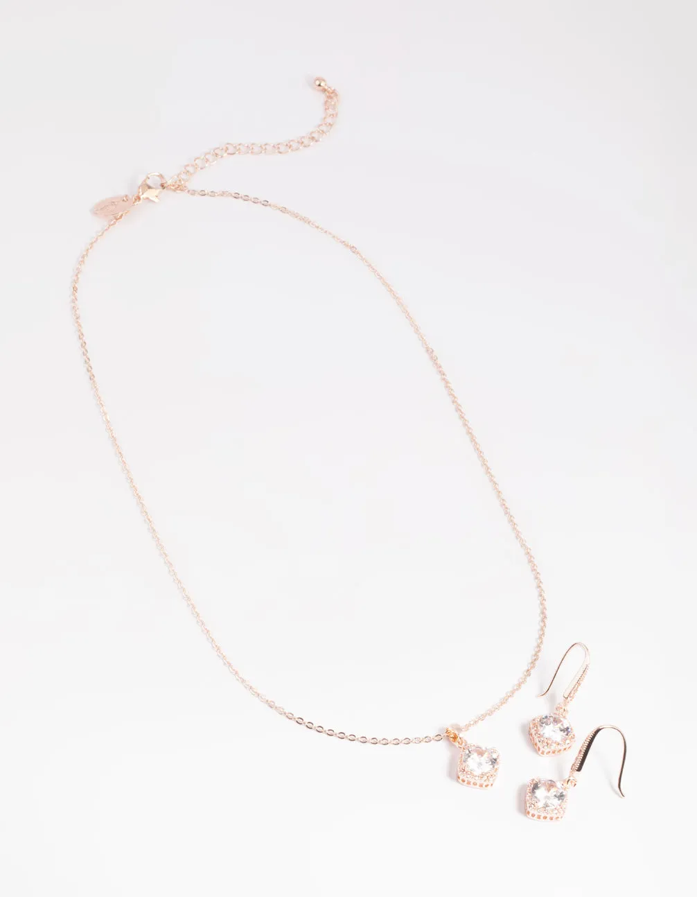 Rose Gold Cubic Zirconia Cushion Necklace & Earrings Set