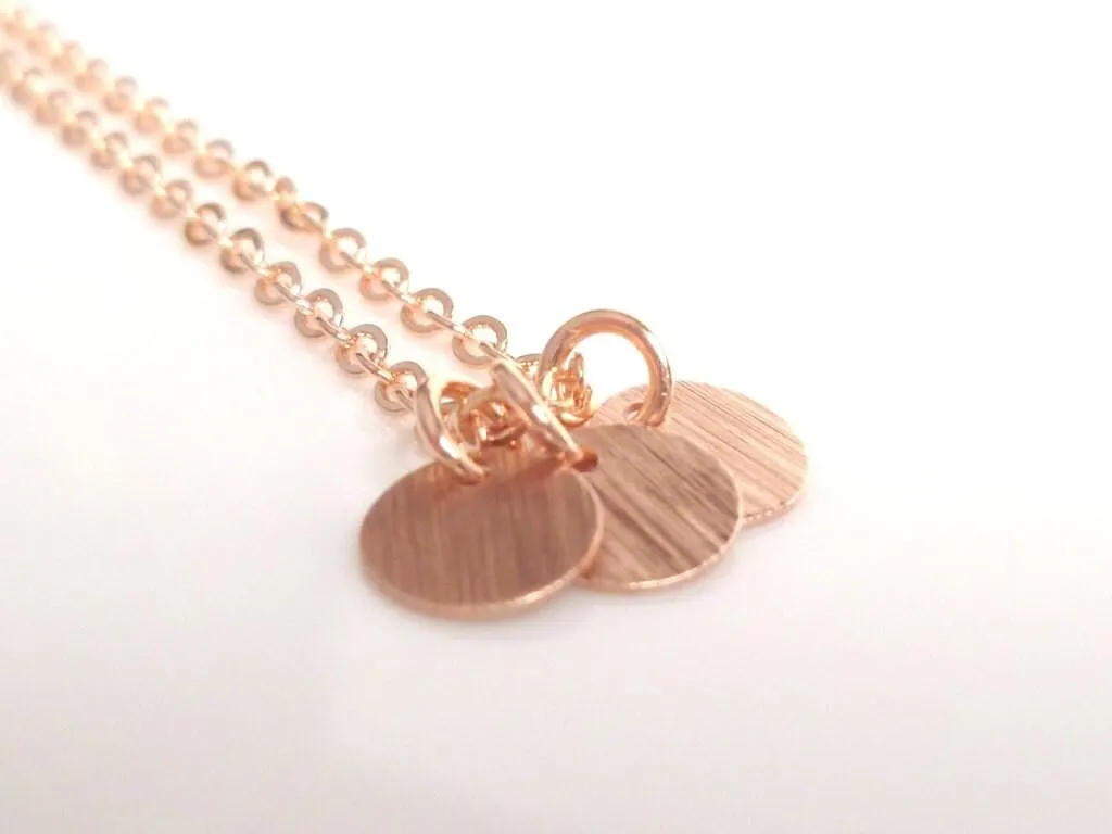 Rose Gold Disc Necklace, rose gold coin necklace, sequin necklace 3 rose gold charms tiny rose gold circles small round disks flat rose gold