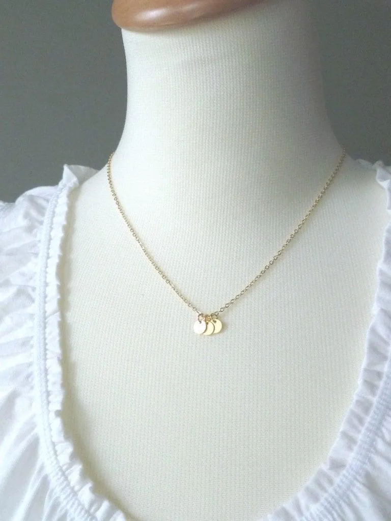 Rose Gold Disc Necklace, rose gold coin necklace, sequin necklace 3 rose gold charms tiny rose gold circles small round disks flat rose gold