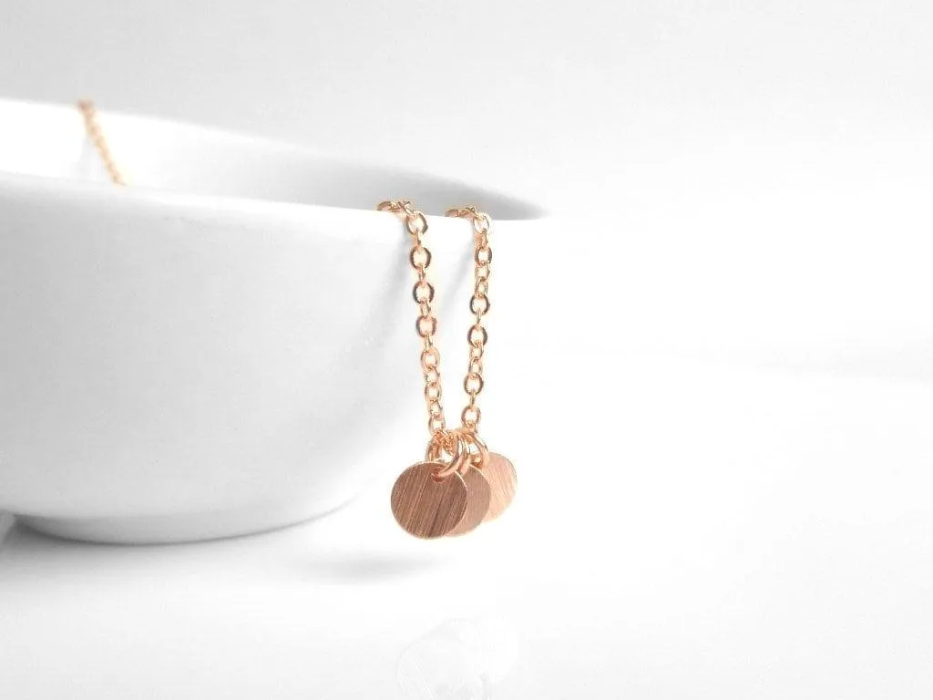 Rose Gold Disc Necklace, rose gold coin necklace, sequin necklace 3 rose gold charms tiny rose gold circles small round disks flat rose gold