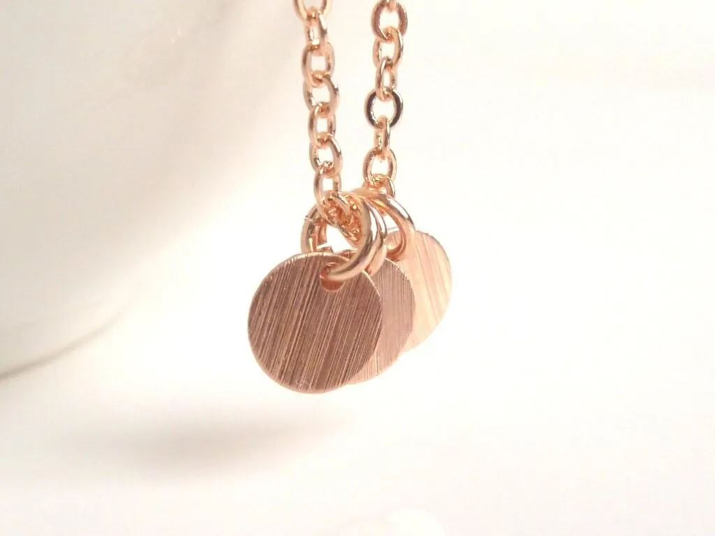 Rose Gold Disc Necklace, rose gold coin necklace, sequin necklace 3 rose gold charms tiny rose gold circles small round disks flat rose gold
