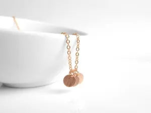 Rose Gold Disc Necklace, rose gold coin necklace, sequin necklace 3 rose gold charms tiny rose gold circles small round disks flat rose gold