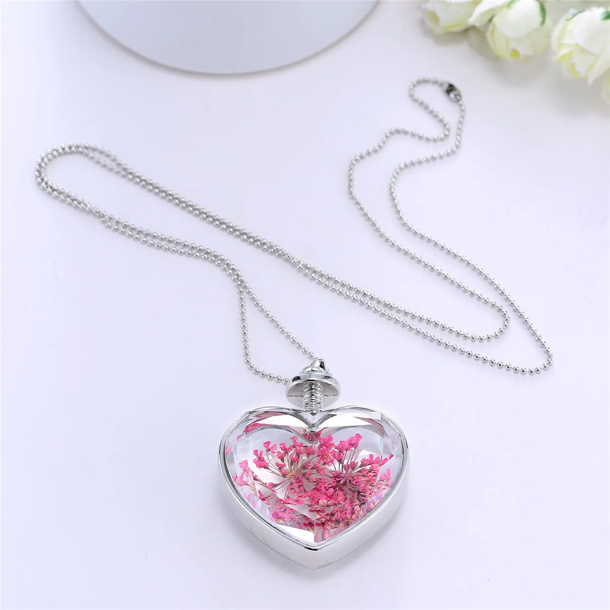 Rose Gypsophila & Silver-Plated Pressed Flower Heart Pendant Necklace