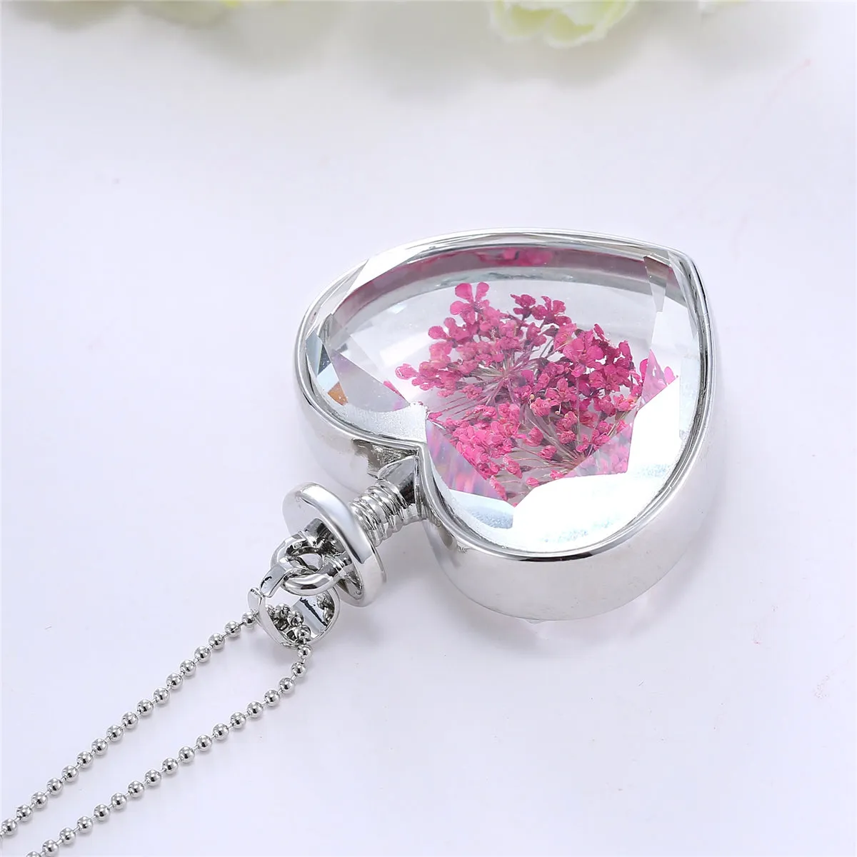 Rose Gypsophila & Silver-Plated Pressed Flower Heart Pendant Necklace
