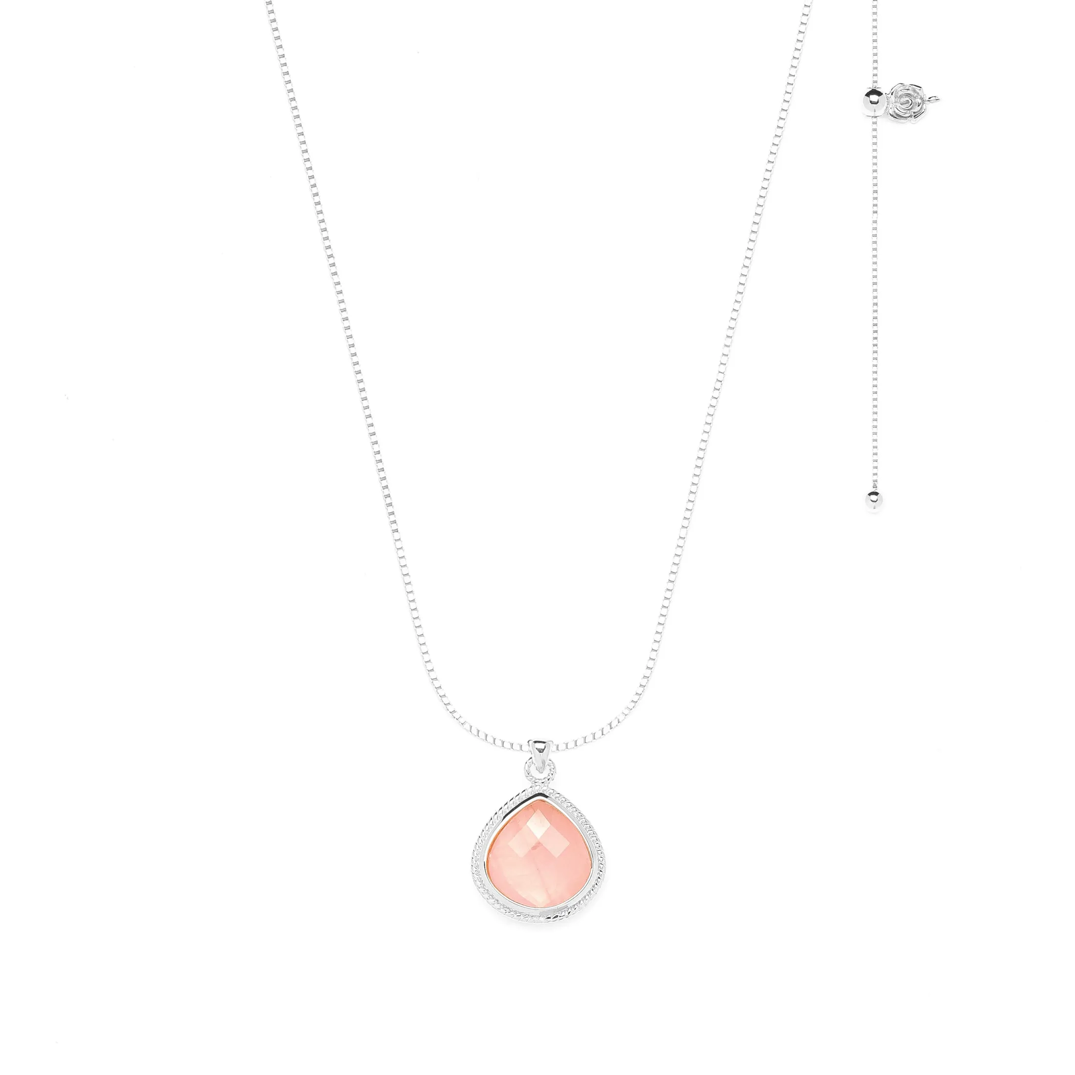 Rose Quartz Compassionate Heart Adjustable Necklace, White Rhodium