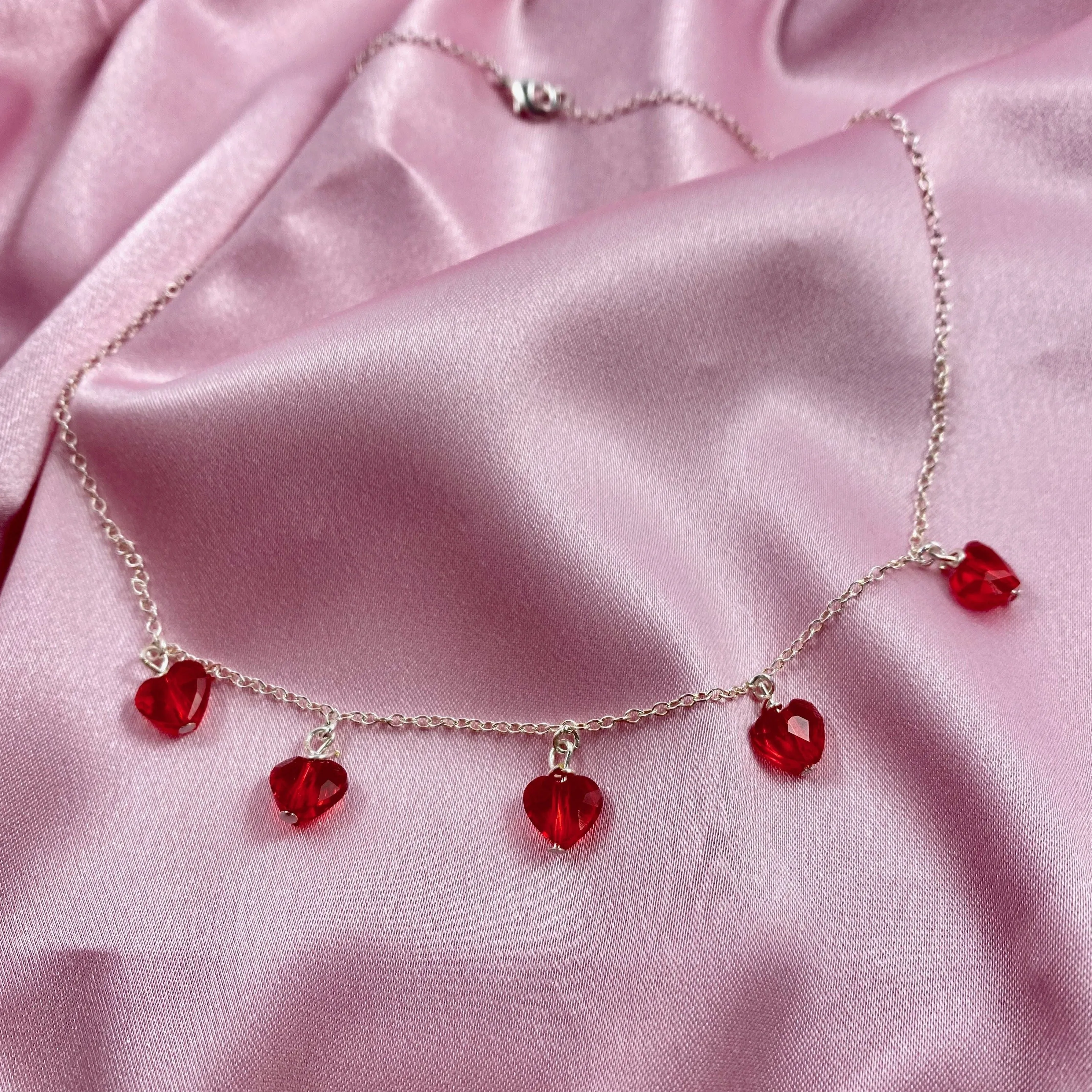 Ruby Red Crystal Heart Necklace Sterling Silver
