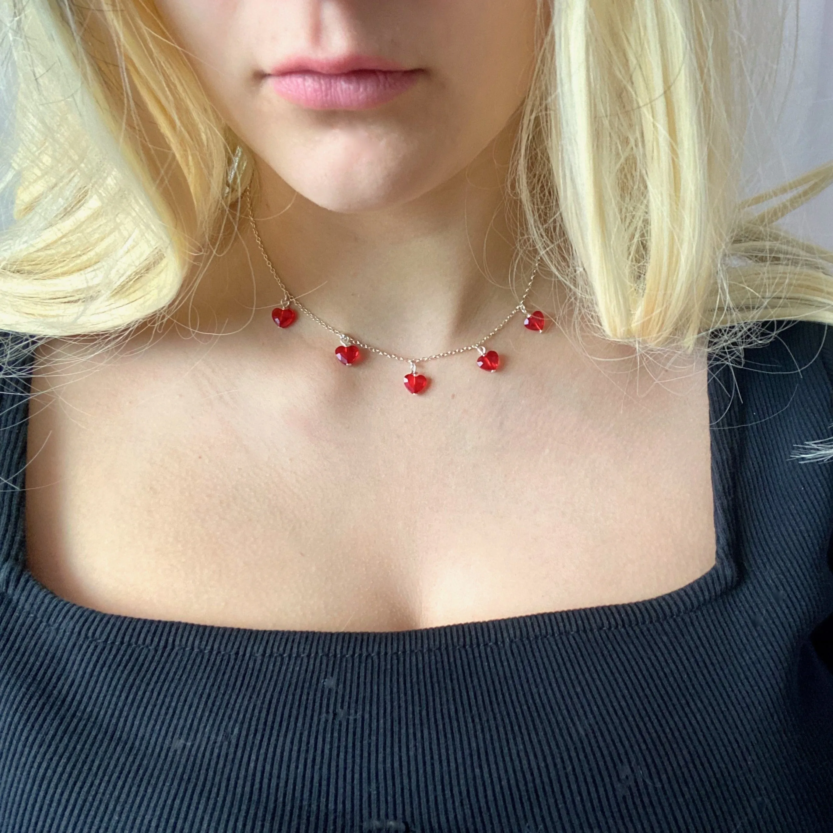 Ruby Red Crystal Heart Necklace Sterling Silver