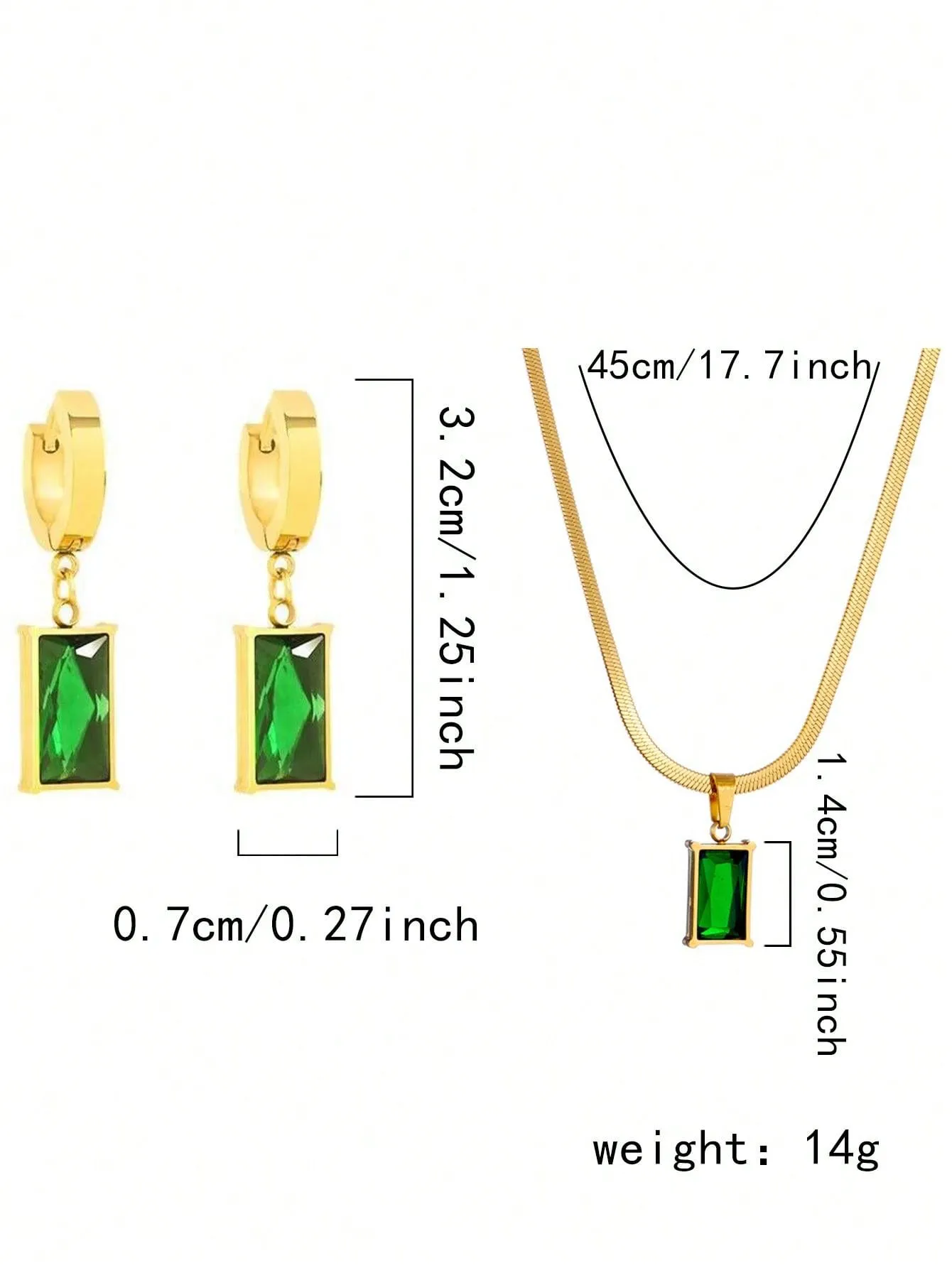 Set Of Square Stainless Steel Green Crystal Cubic Zirconia Necklace & Earrings