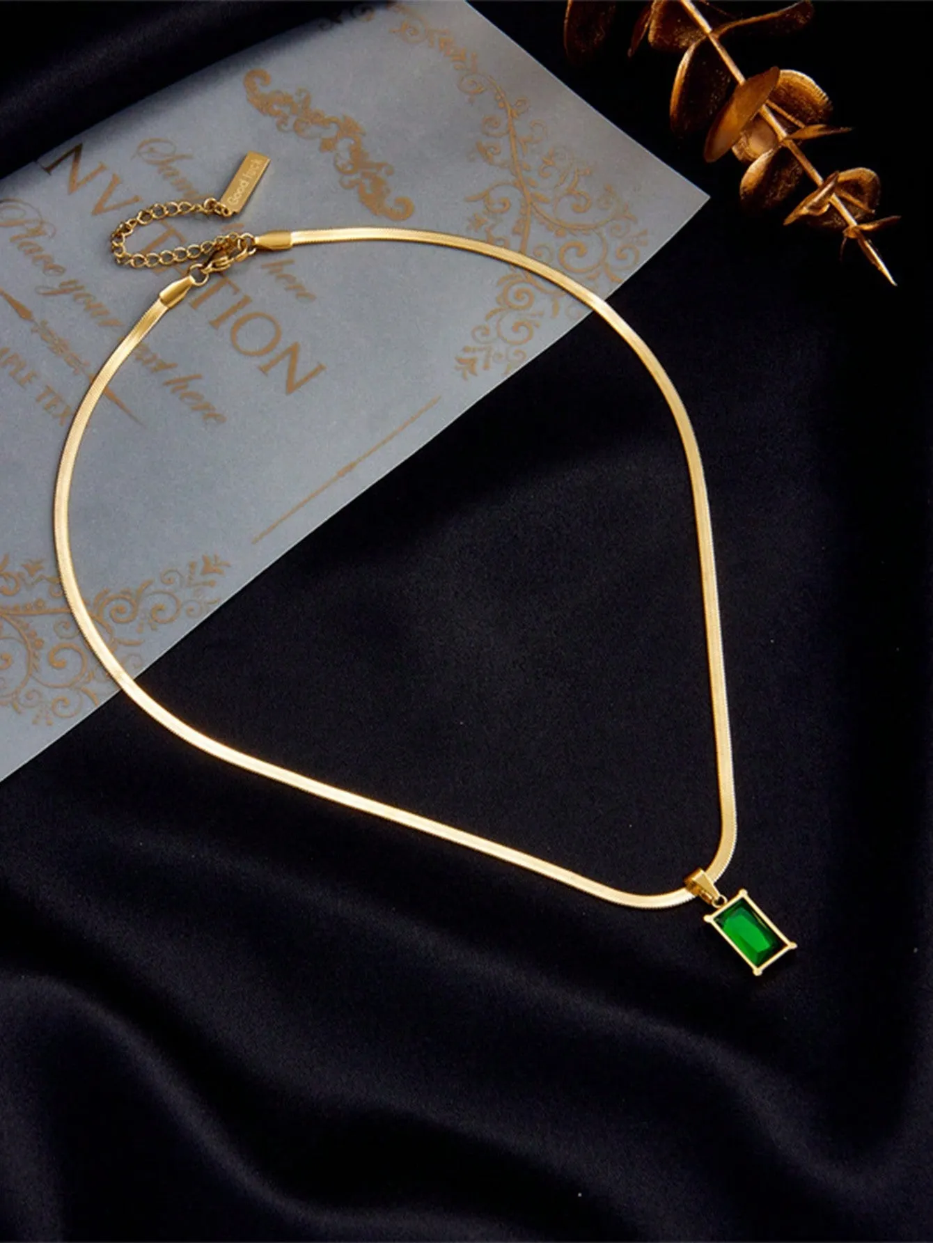 Set Of Square Stainless Steel Green Crystal Cubic Zirconia Necklace & Earrings