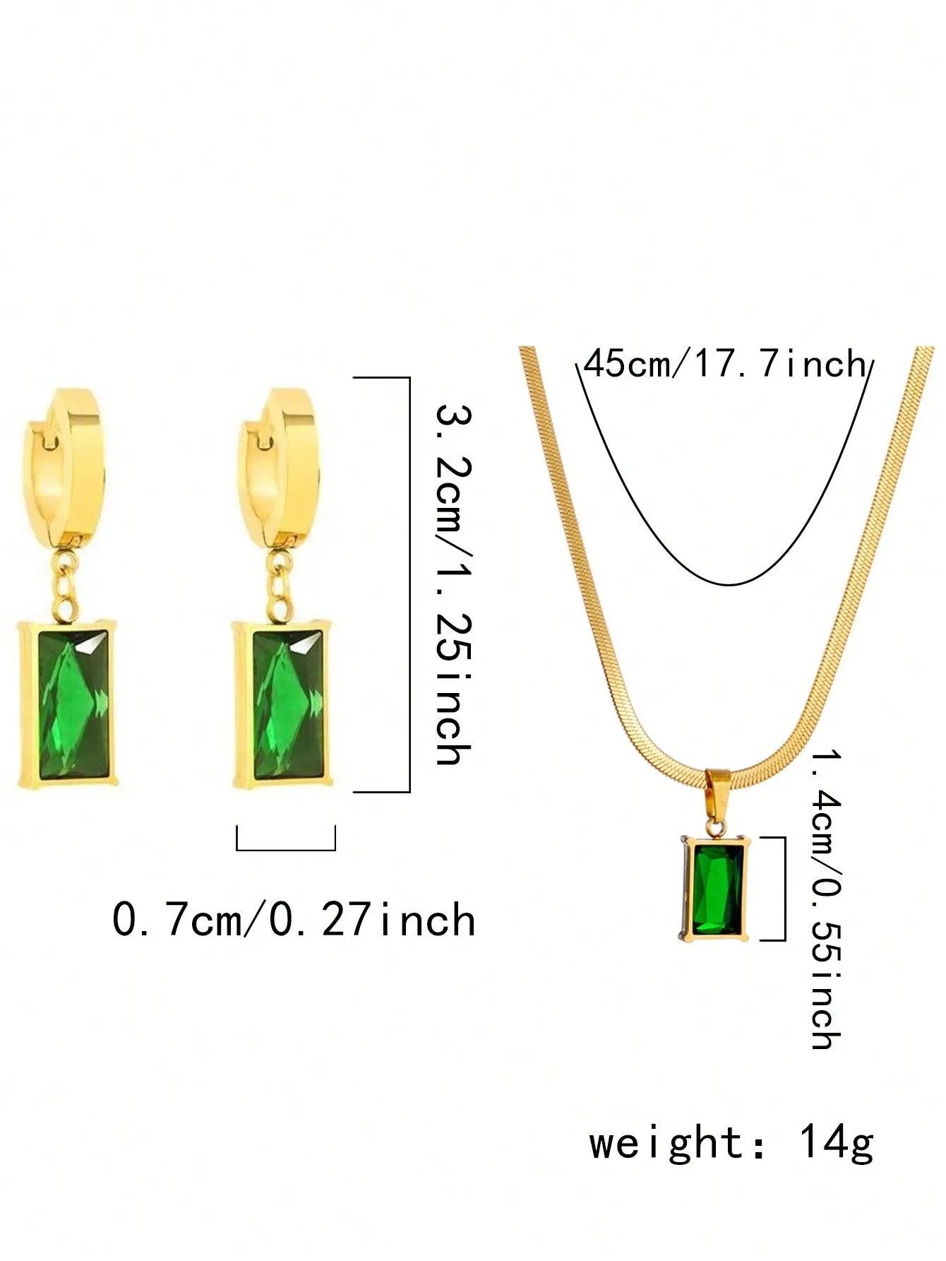 Set Of Square Stainless Steel Green Crystal Cubic Zirconia Necklace & Earrings