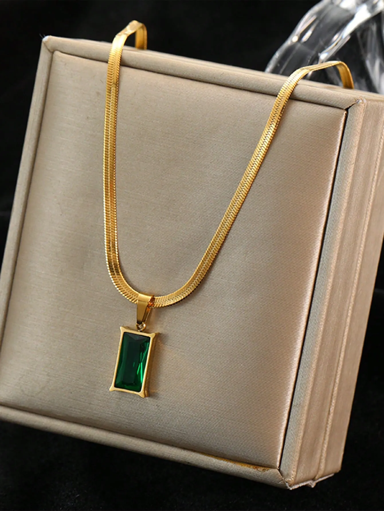 Set Of Square Stainless Steel Green Crystal Cubic Zirconia Necklace & Earrings