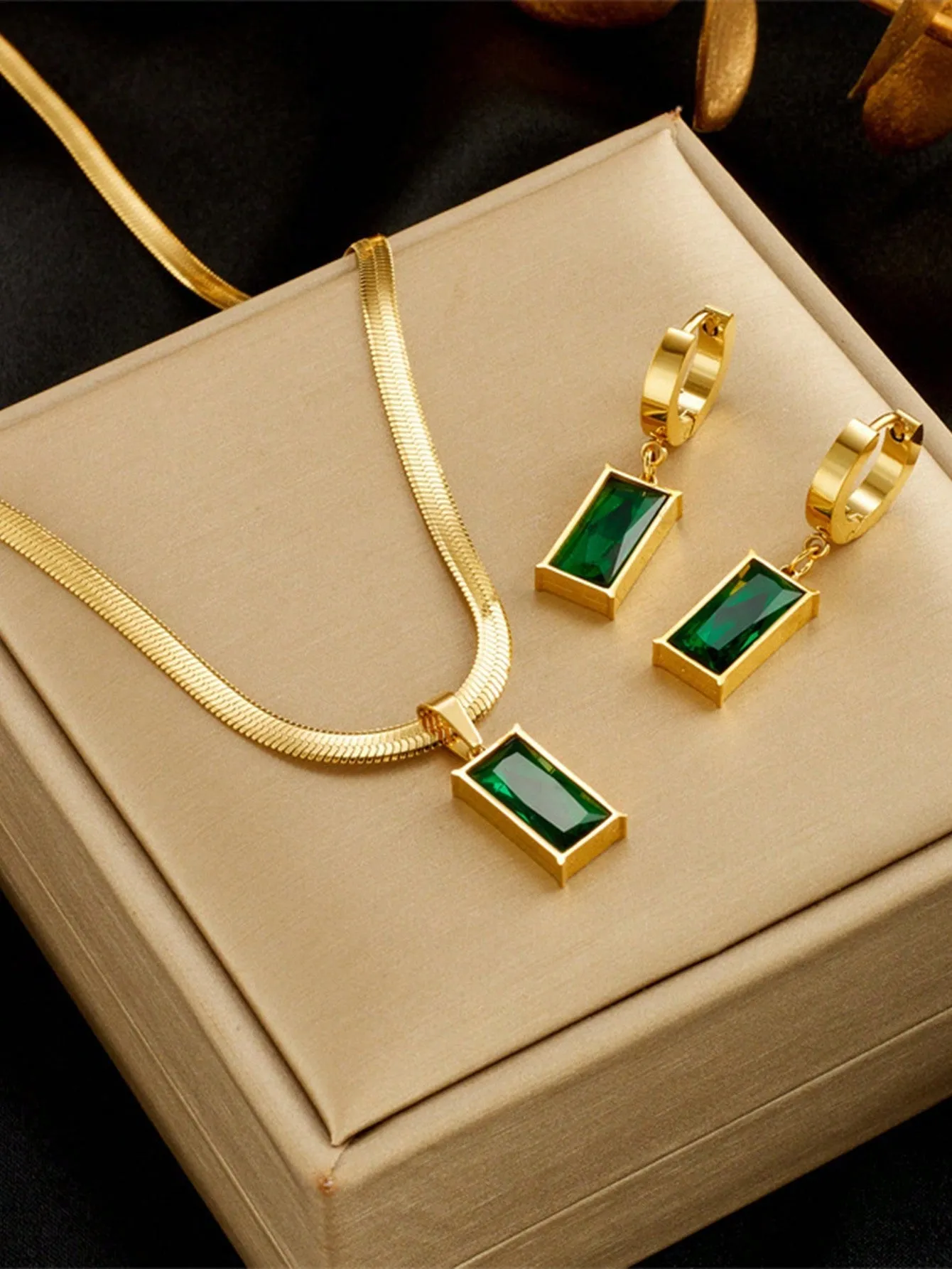 Set Of Square Stainless Steel Green Crystal Cubic Zirconia Necklace & Earrings