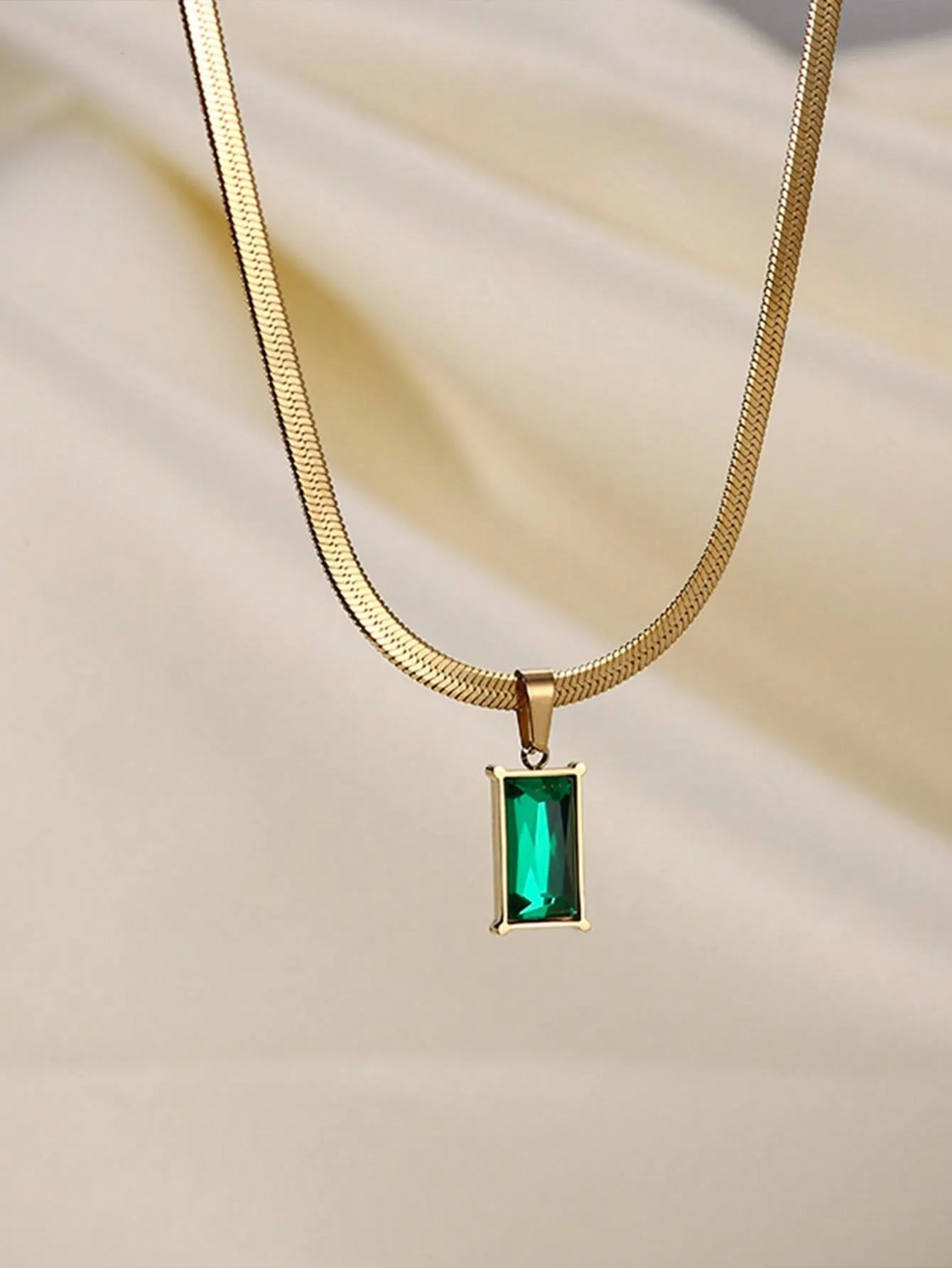 Set Of Square Stainless Steel Green Crystal Cubic Zirconia Necklace & Earrings
