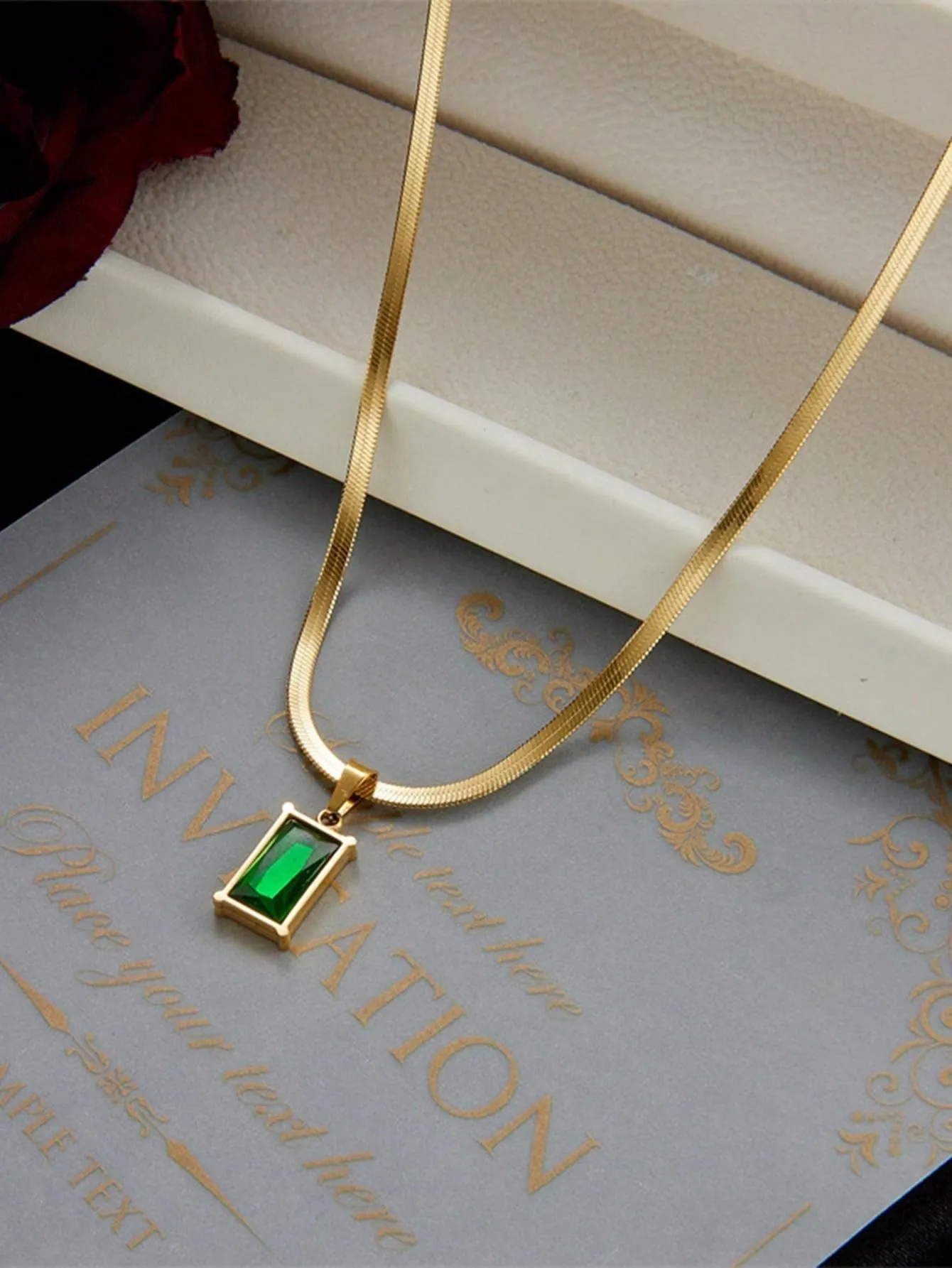 Set Of Square Stainless Steel Green Crystal Cubic Zirconia Necklace & Earrings
