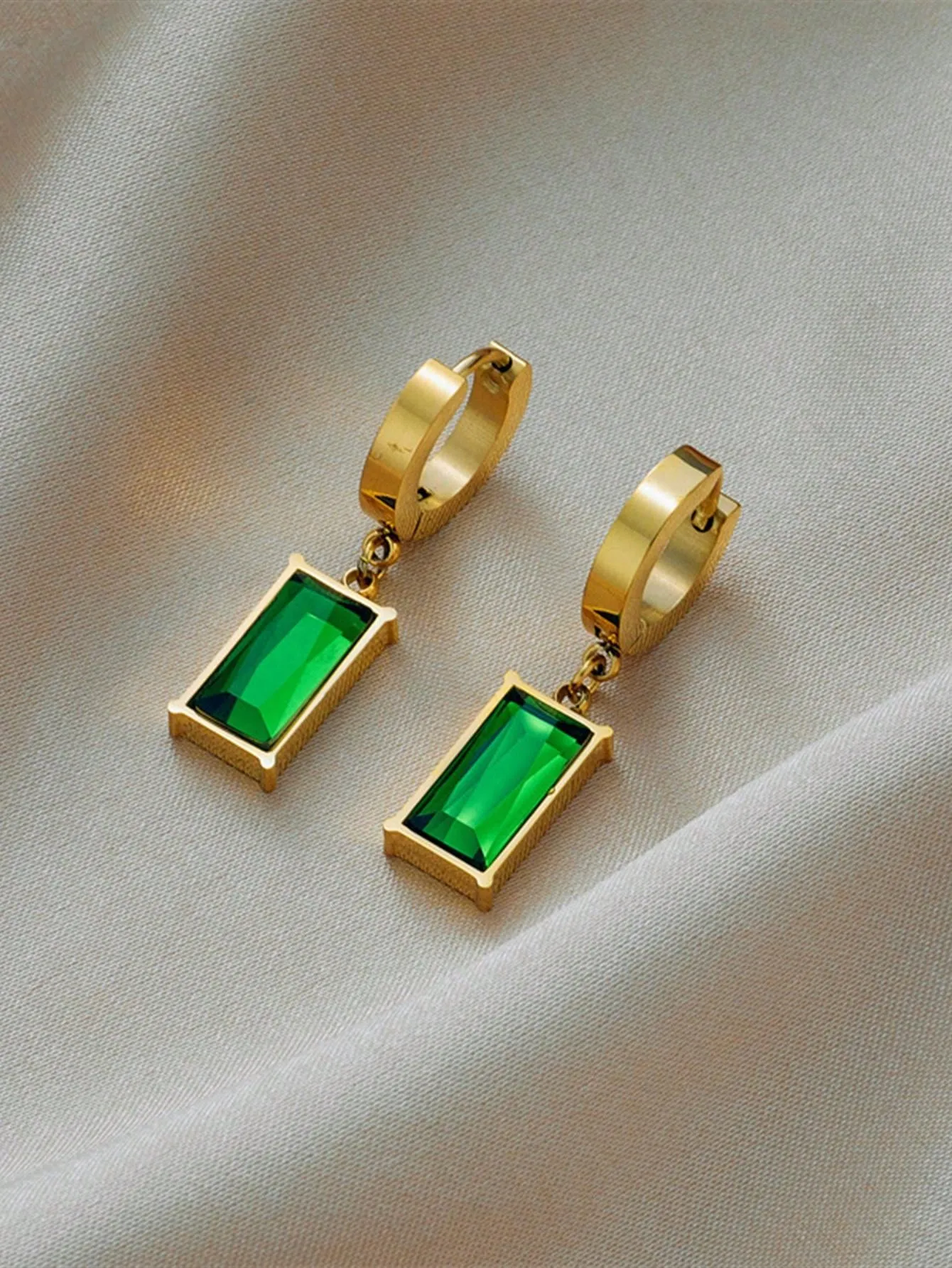 Set Of Square Stainless Steel Green Crystal Cubic Zirconia Necklace & Earrings