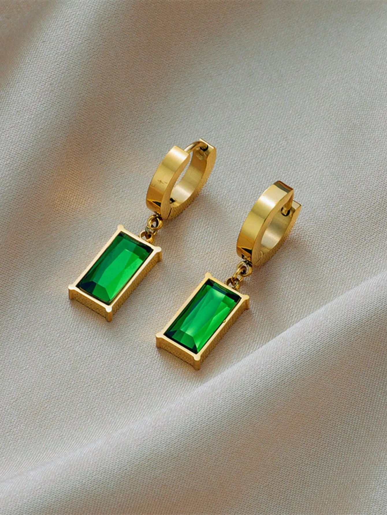 Set Of Square Stainless Steel Green Crystal Cubic Zirconia Necklace & Earrings
