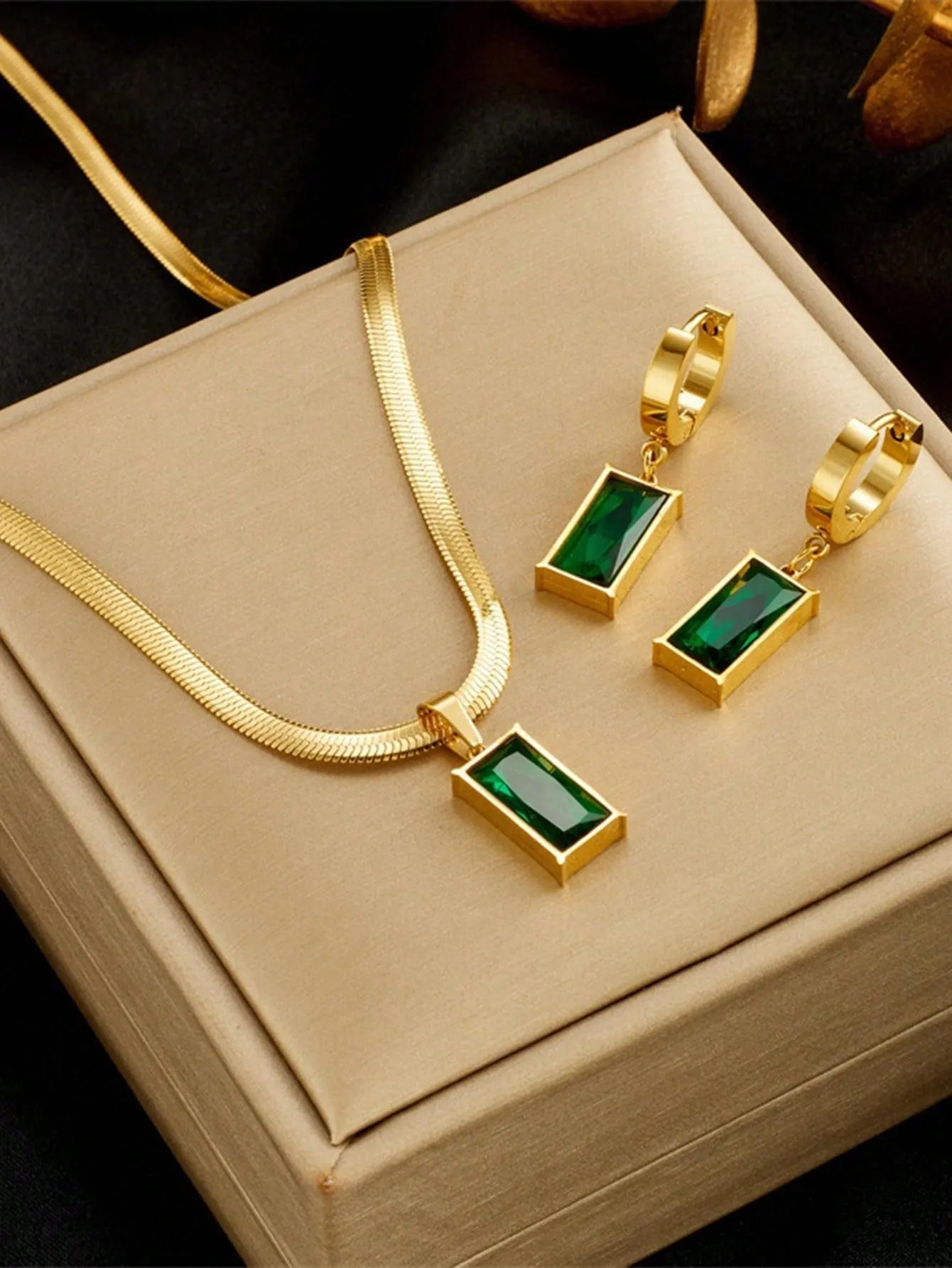 Set Of Square Stainless Steel Green Crystal Cubic Zirconia Necklace & Earrings