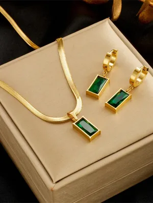 Set Of Square Stainless Steel Green Crystal Cubic Zirconia Necklace & Earrings