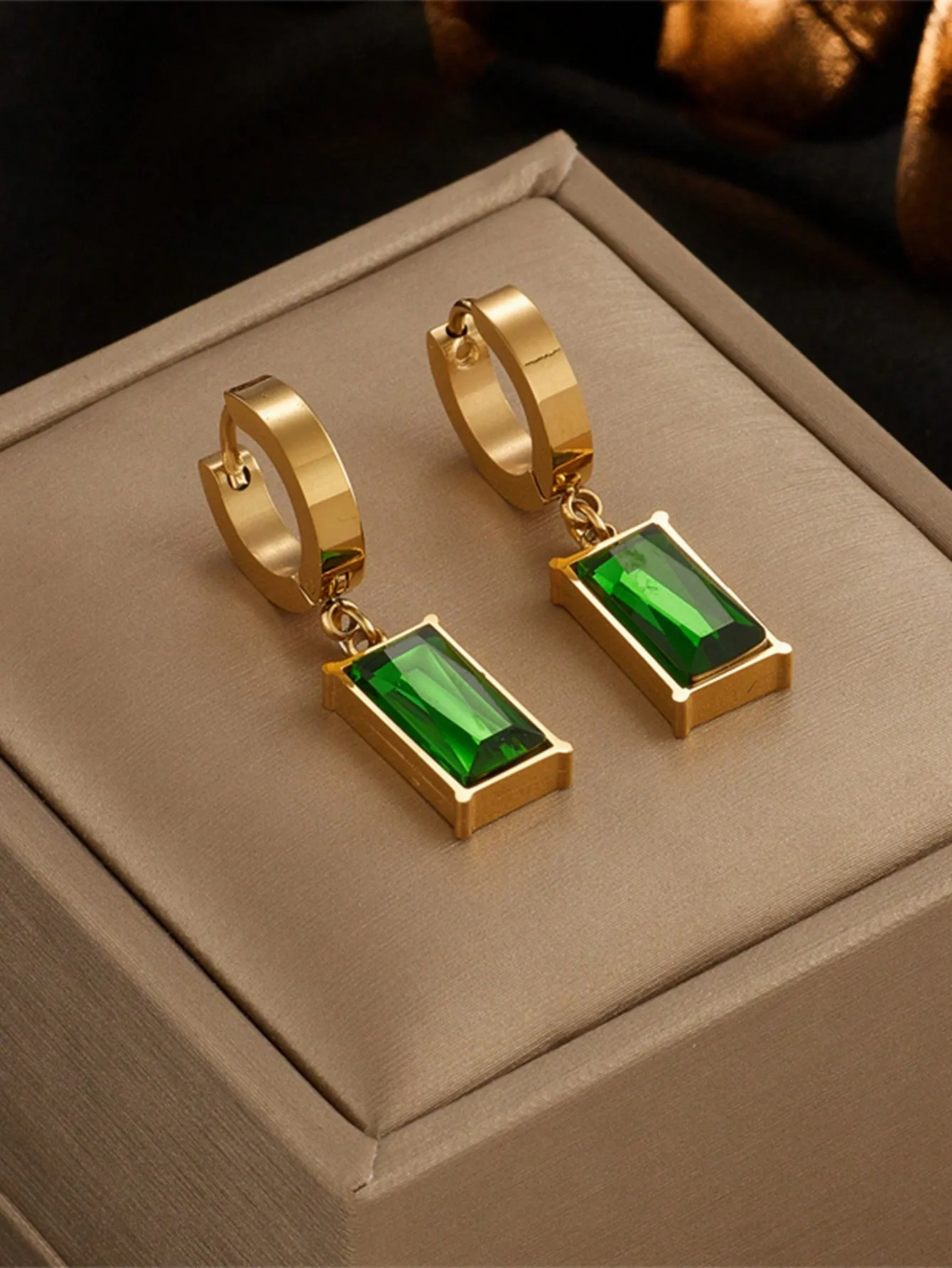 Set Of Square Stainless Steel Green Crystal Cubic Zirconia Necklace & Earrings
