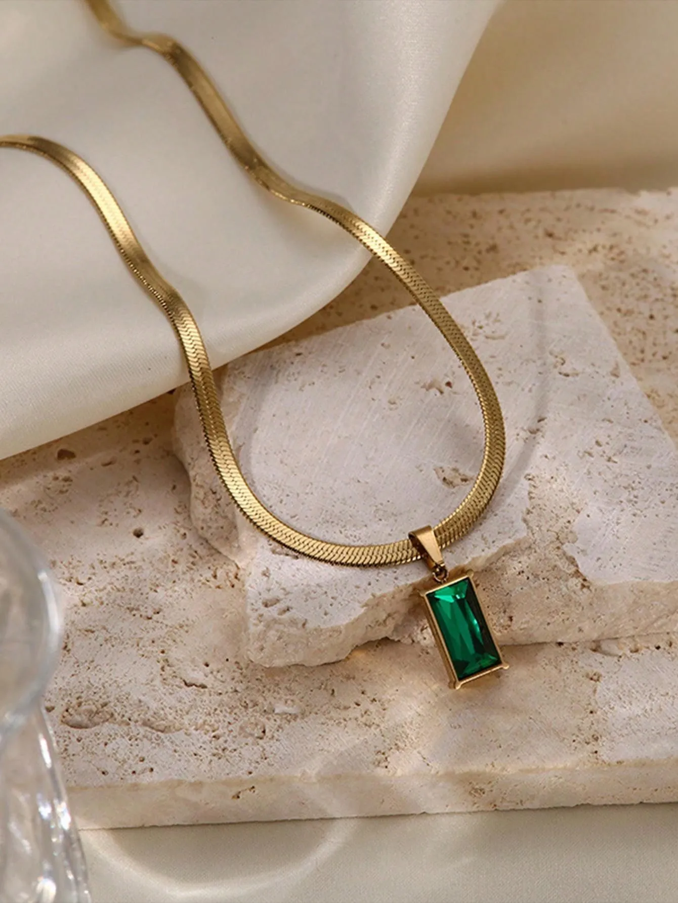 Set Of Square Stainless Steel Green Crystal Cubic Zirconia Necklace & Earrings