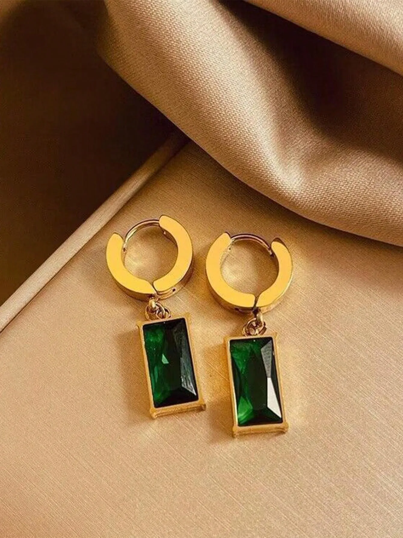Set Of Square Stainless Steel Green Crystal Cubic Zirconia Necklace & Earrings