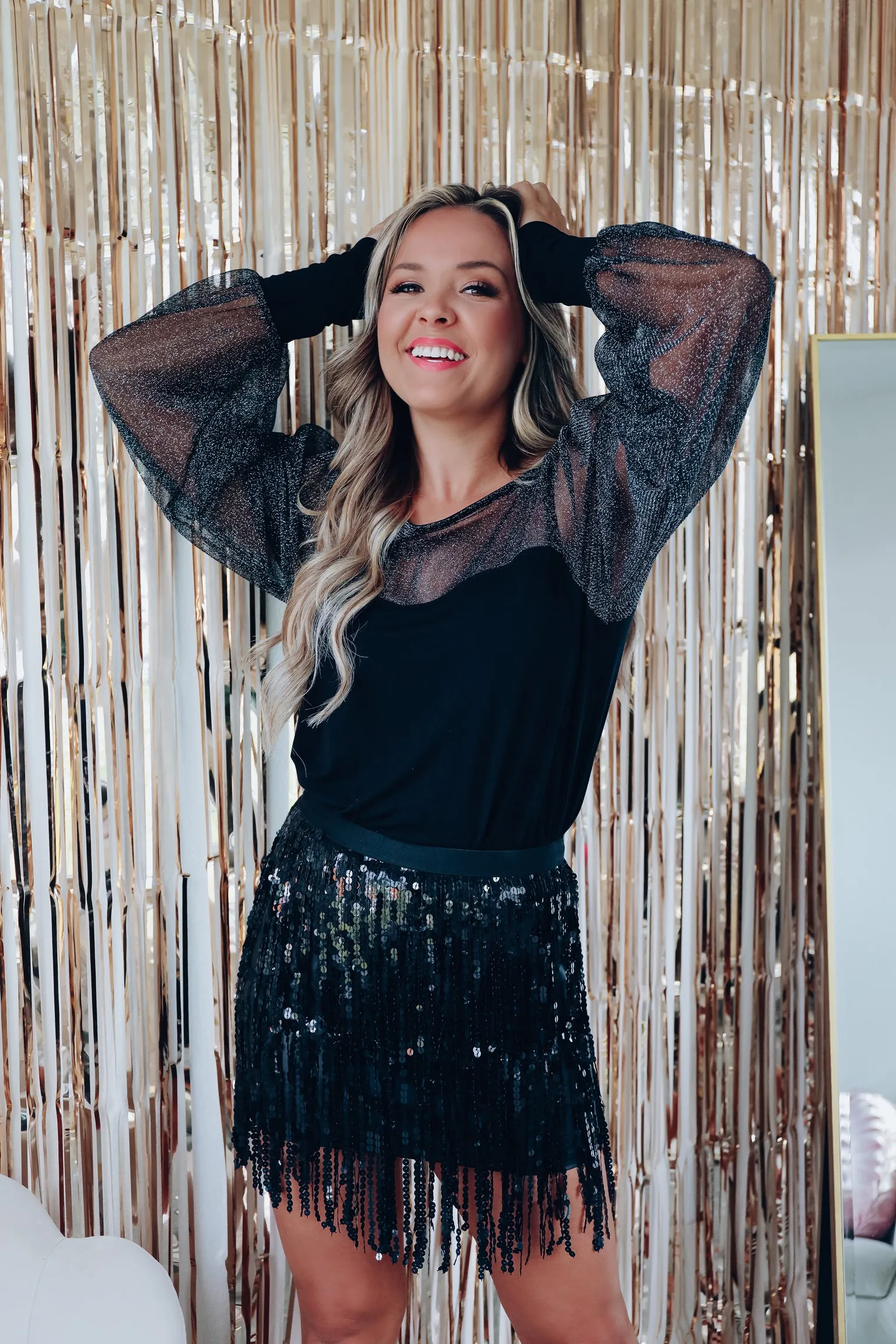 Shining Light Sheer Sleeve Top - Black