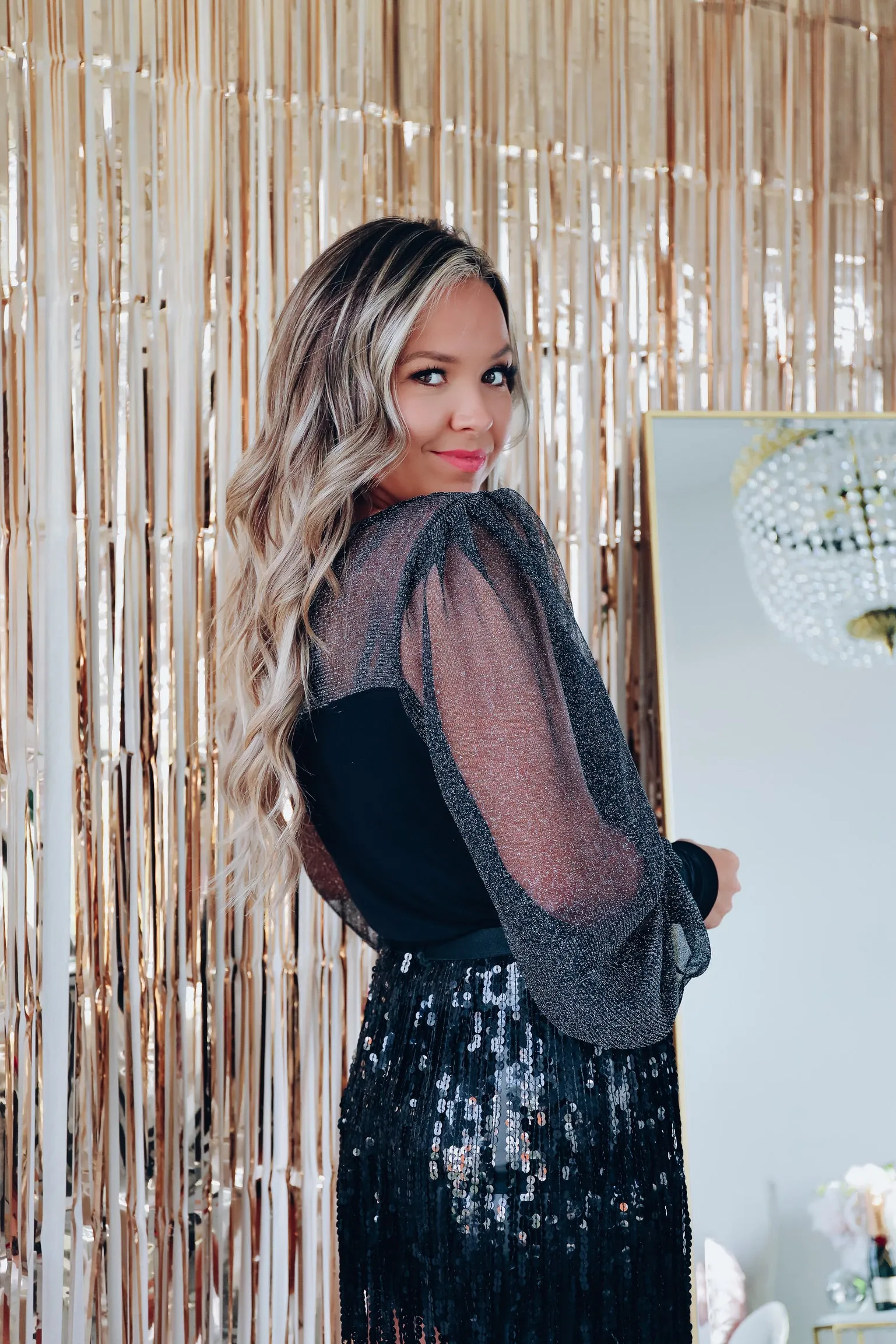 Shining Light Sheer Sleeve Top - Black