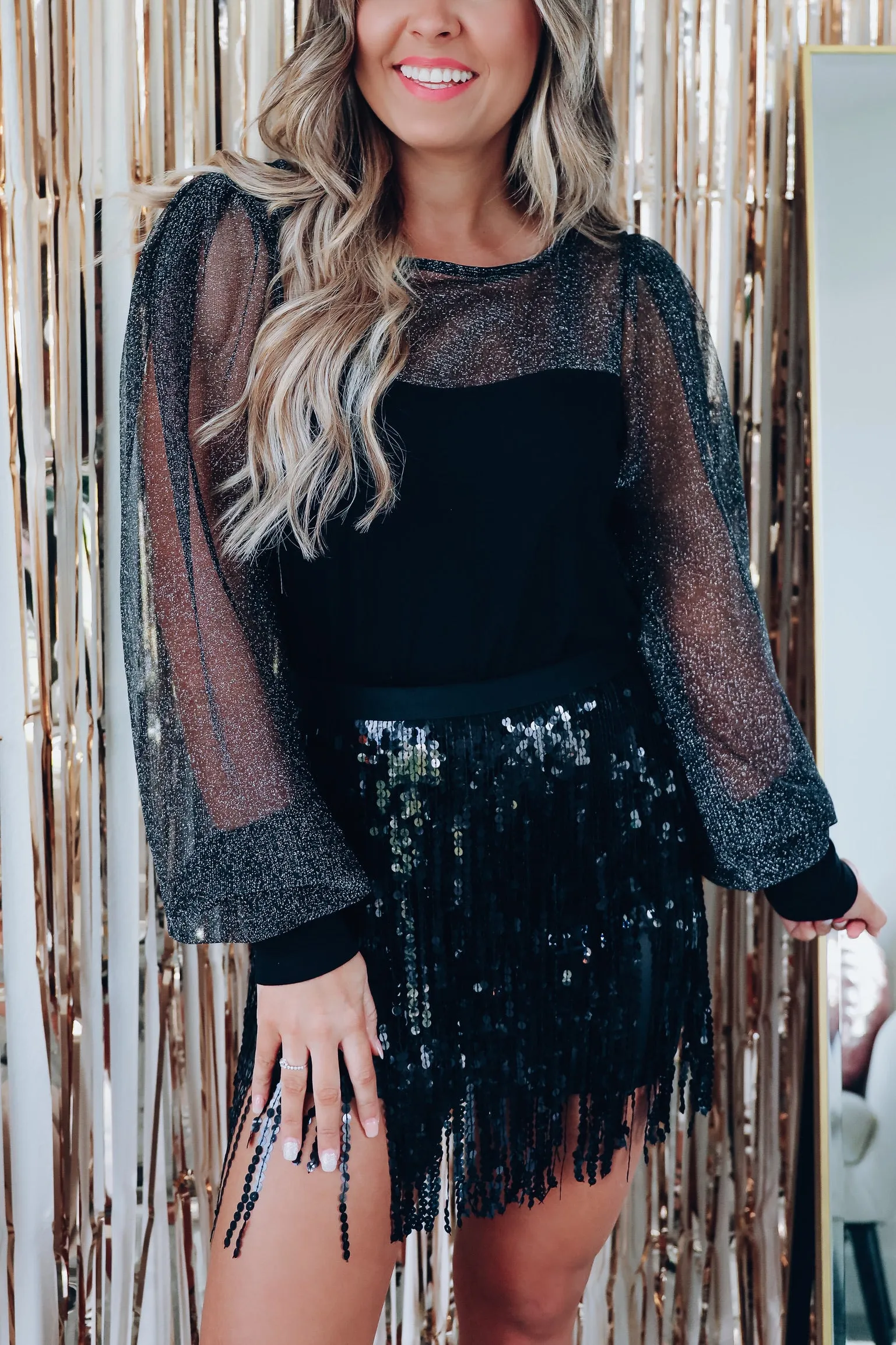 Shining Light Sheer Sleeve Top - Black