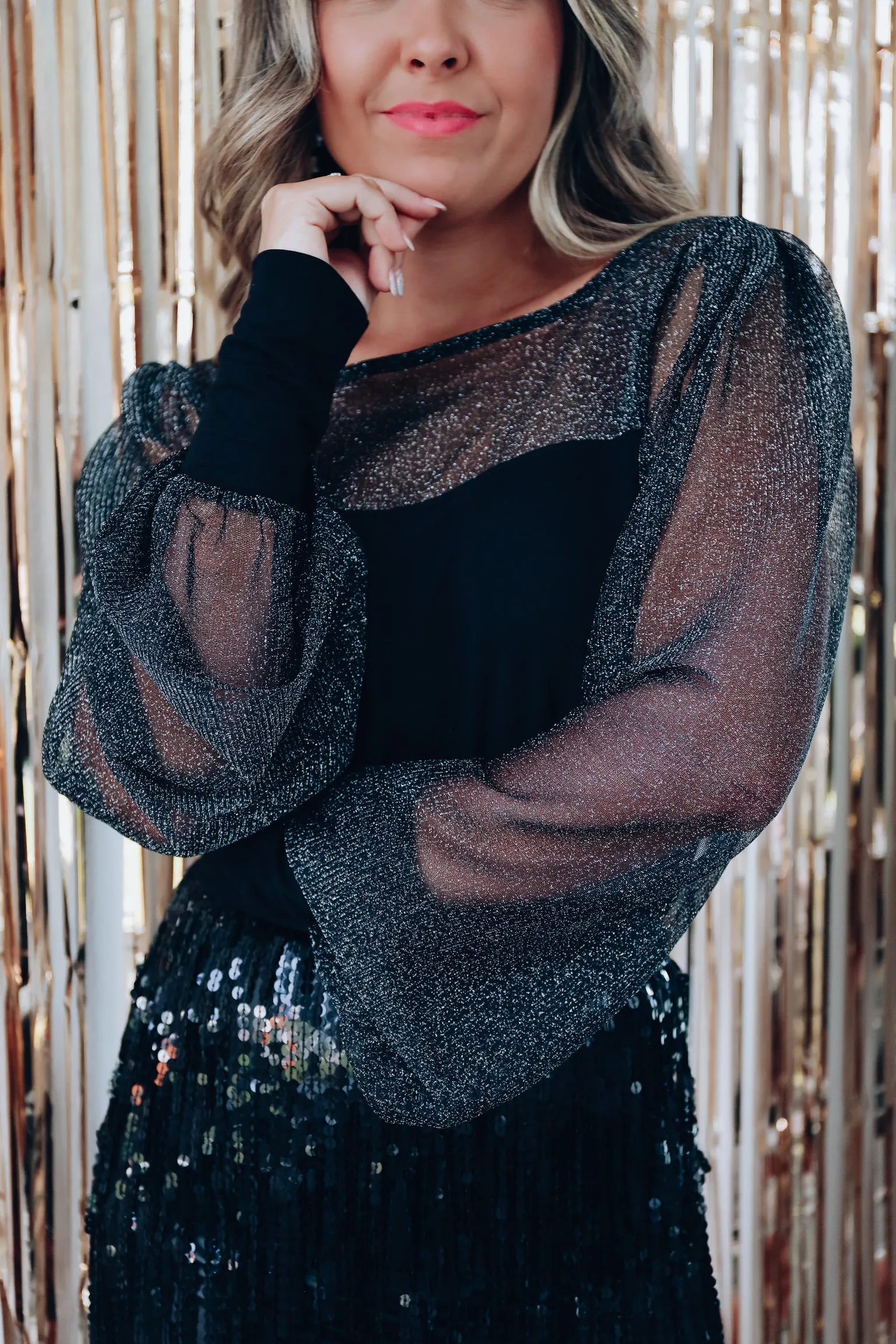 Shining Light Sheer Sleeve Top - Black