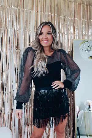 Shining Light Sheer Sleeve Top - Black