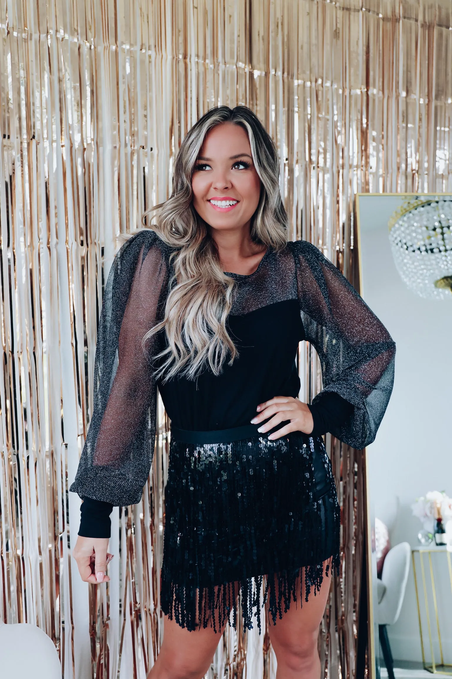 Shining Light Sheer Sleeve Top - Black