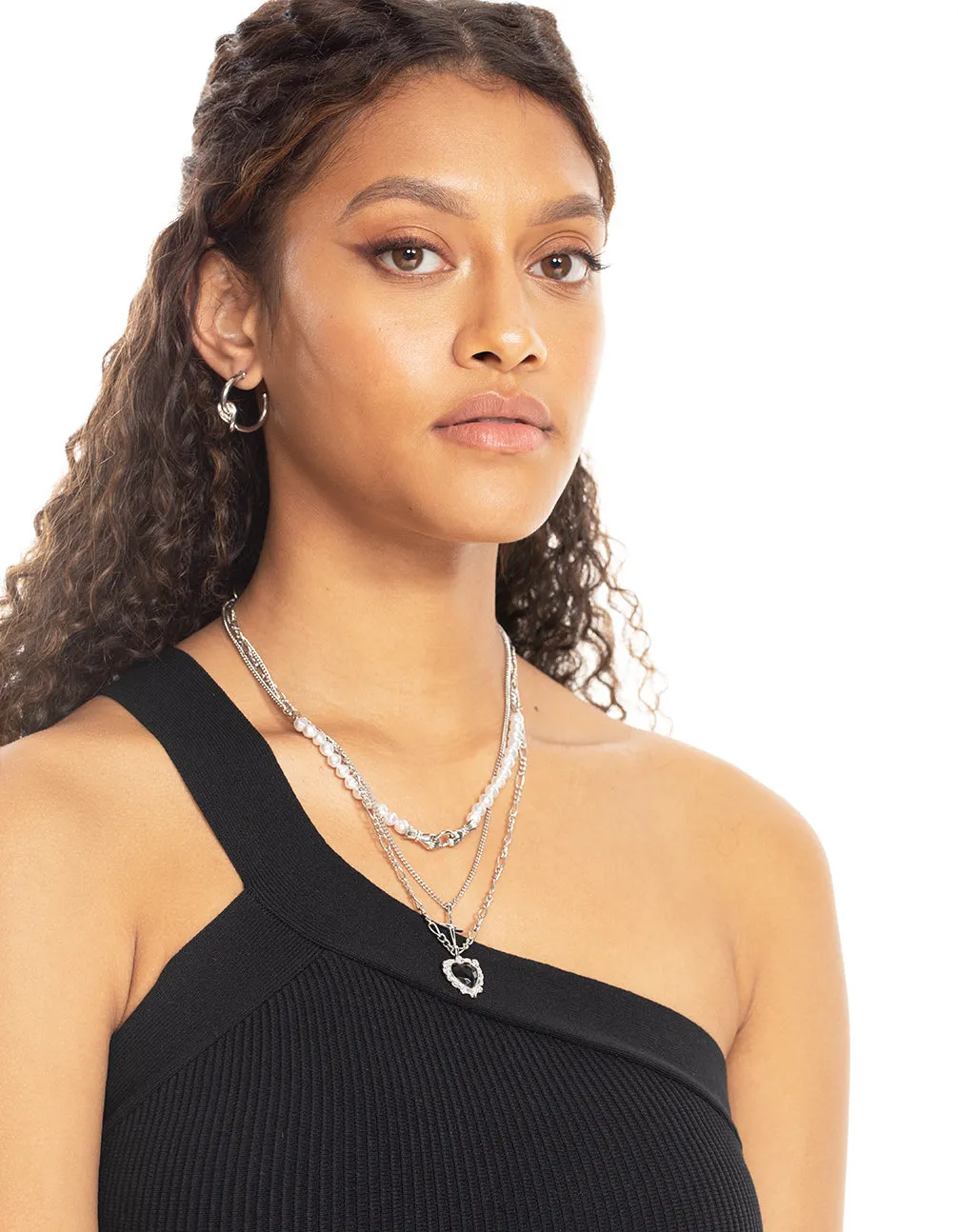 Silver Pearl Heart Star Layered Necklace