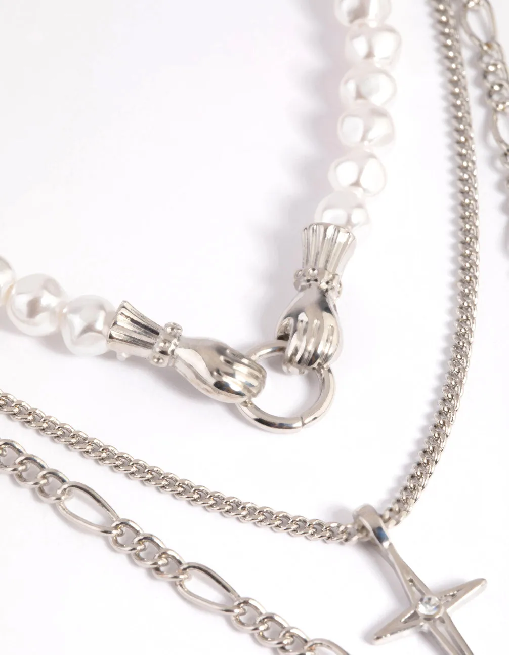 Silver Pearl Heart Star Layered Necklace