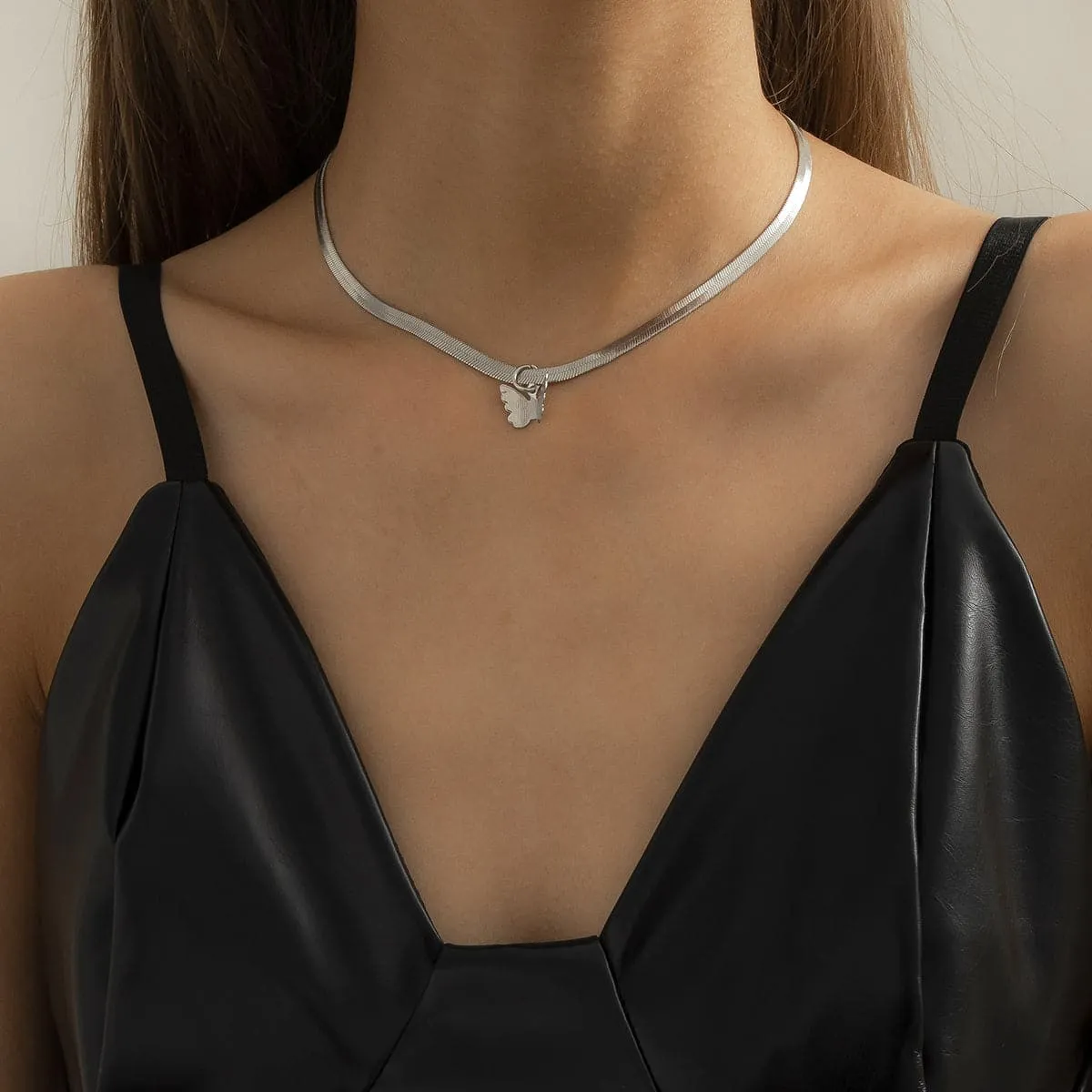 Silver-Plated Butterfly Snake Chain Choker