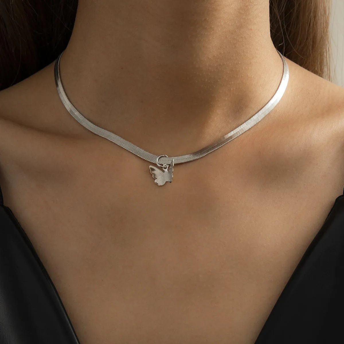 Silver-Plated Butterfly Snake Chain Choker