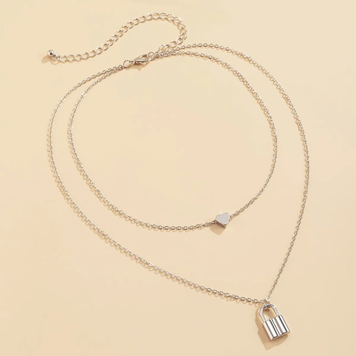 Silver-Plated Heart & Lock Layered Pendant Necklace