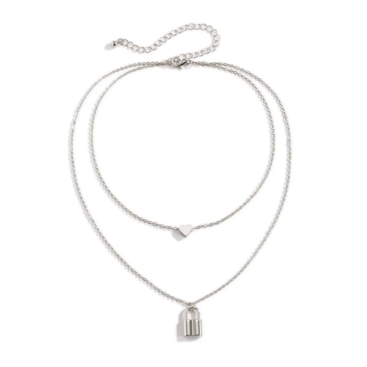 Silver-Plated Heart & Lock Layered Pendant Necklace