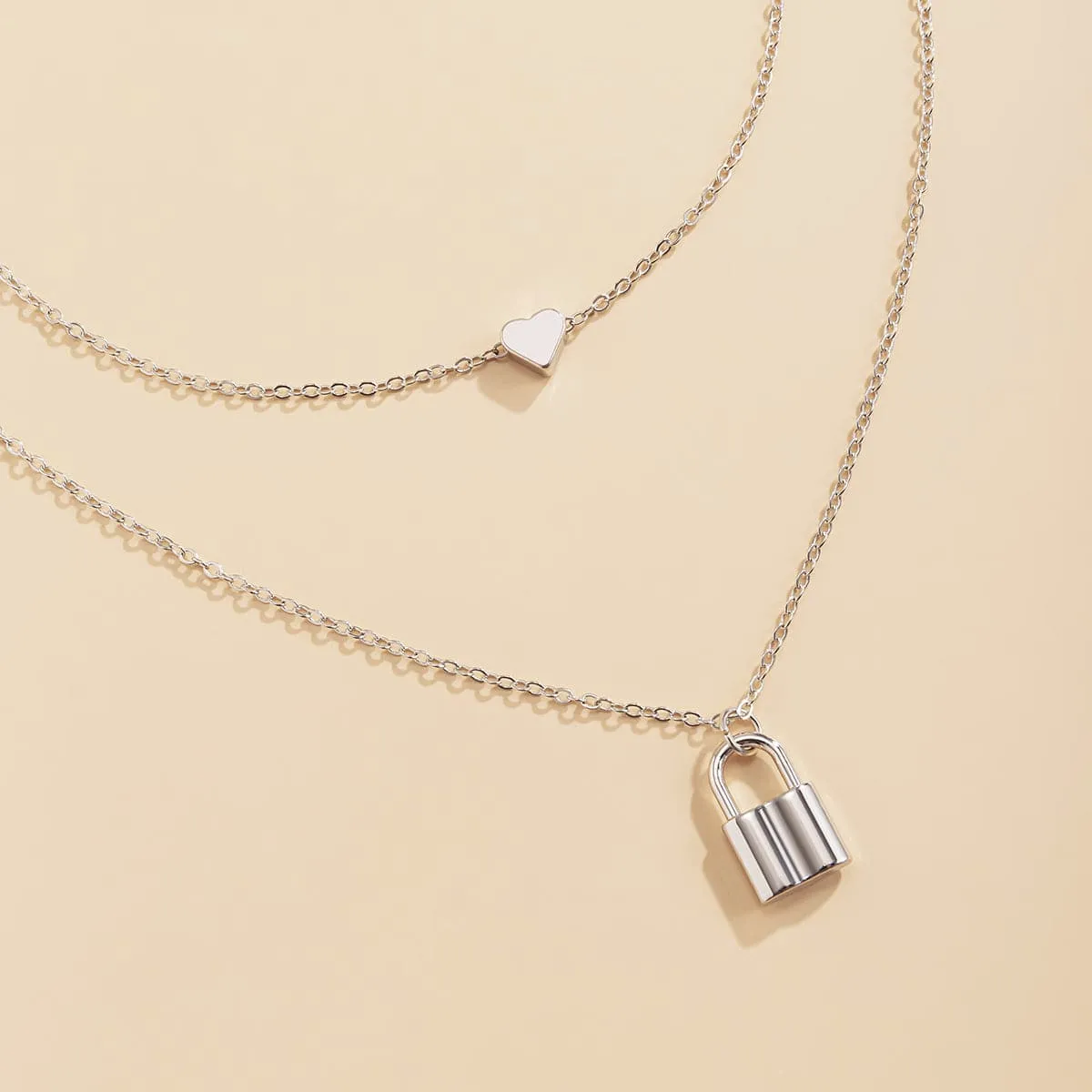 Silver-Plated Heart & Lock Layered Pendant Necklace