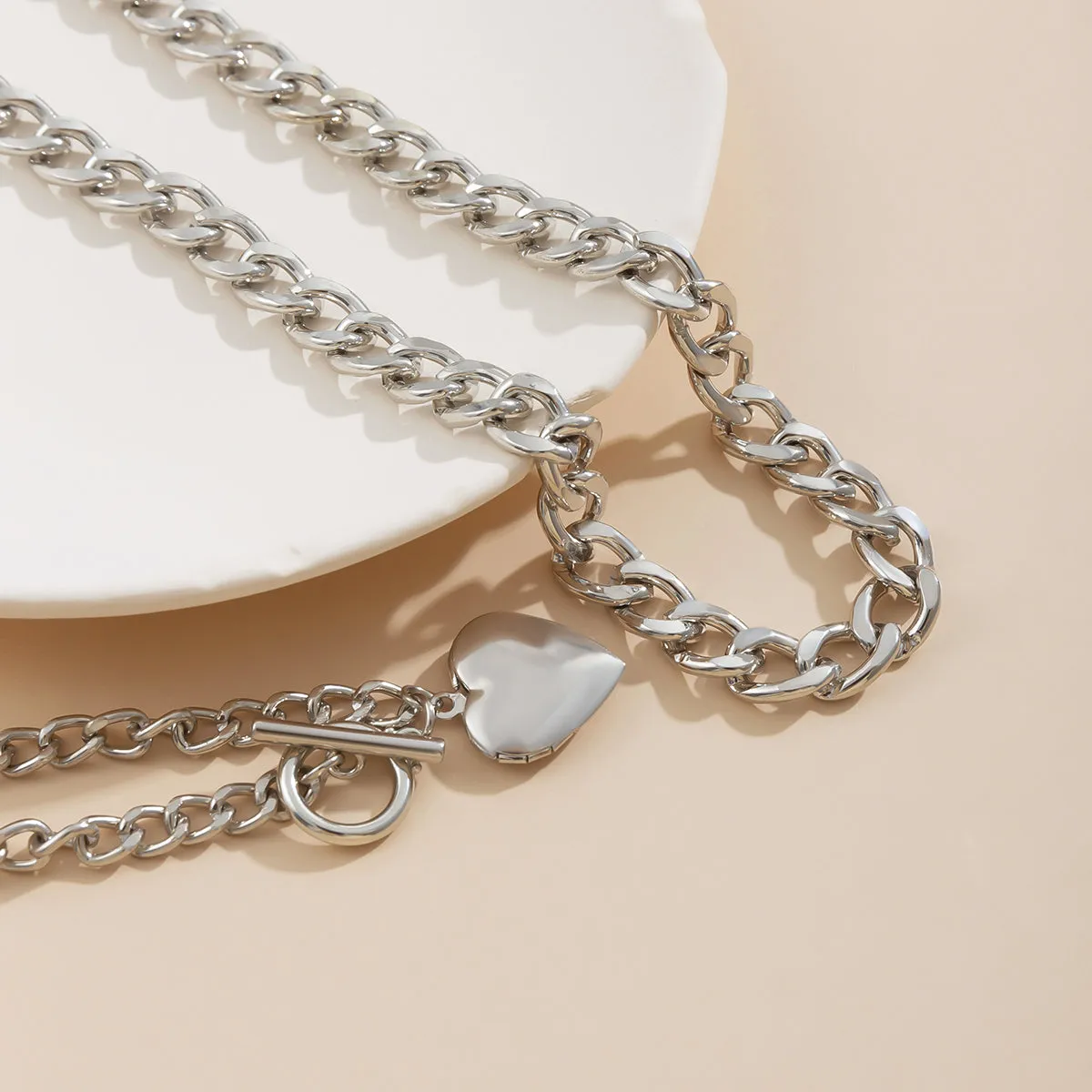 Silver-Plated Heart Locket Lariat Necklace Set